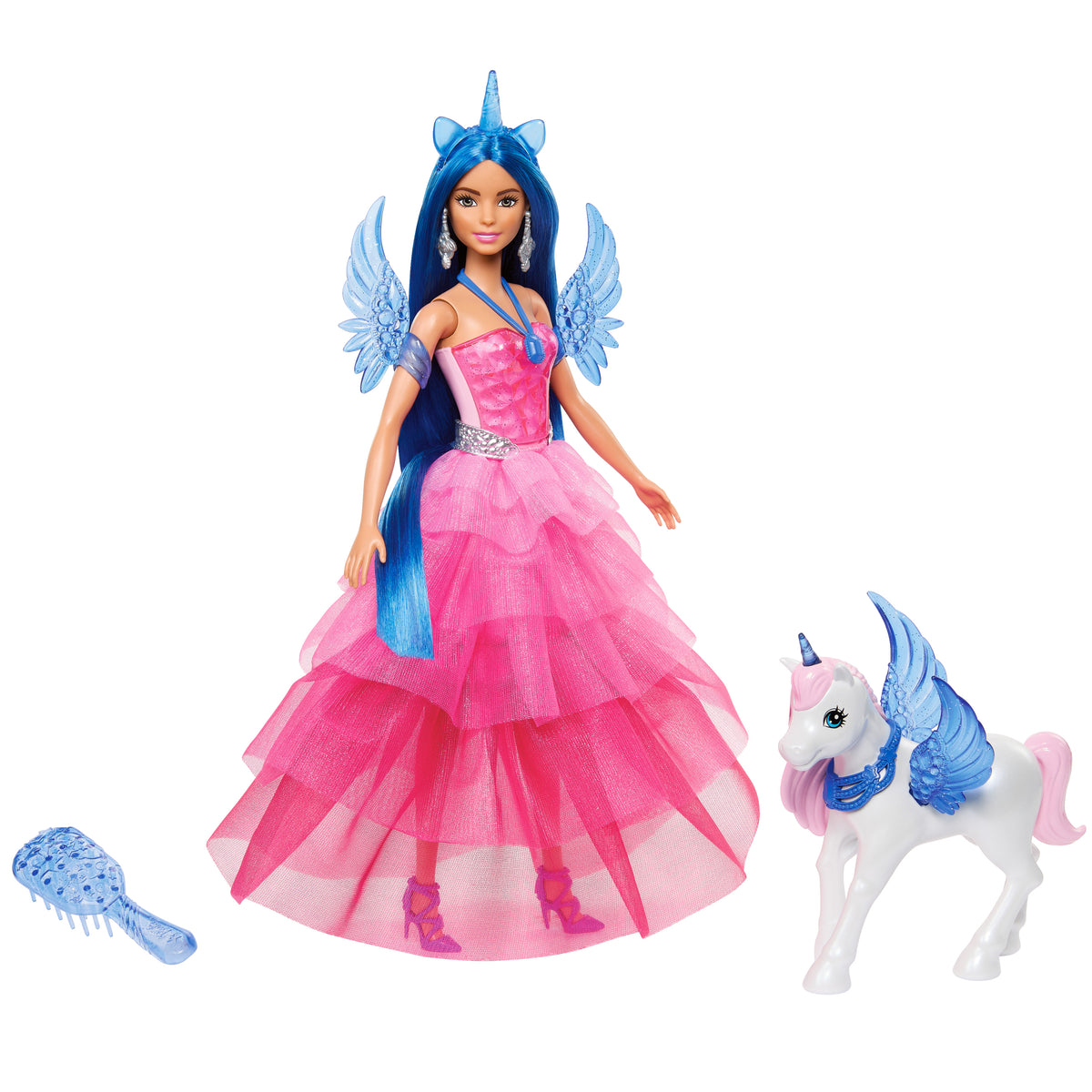 Barbie, 65. yıla özel, mavi saçlı, pembe elbiseli bebek ile hayvan dostu kanatlı tekboynuz