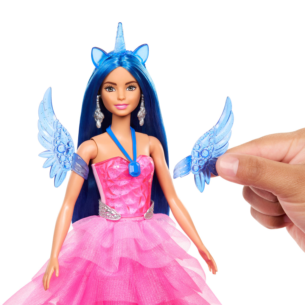 Barbie, 65. yıla özel, mavi saçlı, pembe elbiseli bebek ile hayvan dostu kanatlı tekboynuz