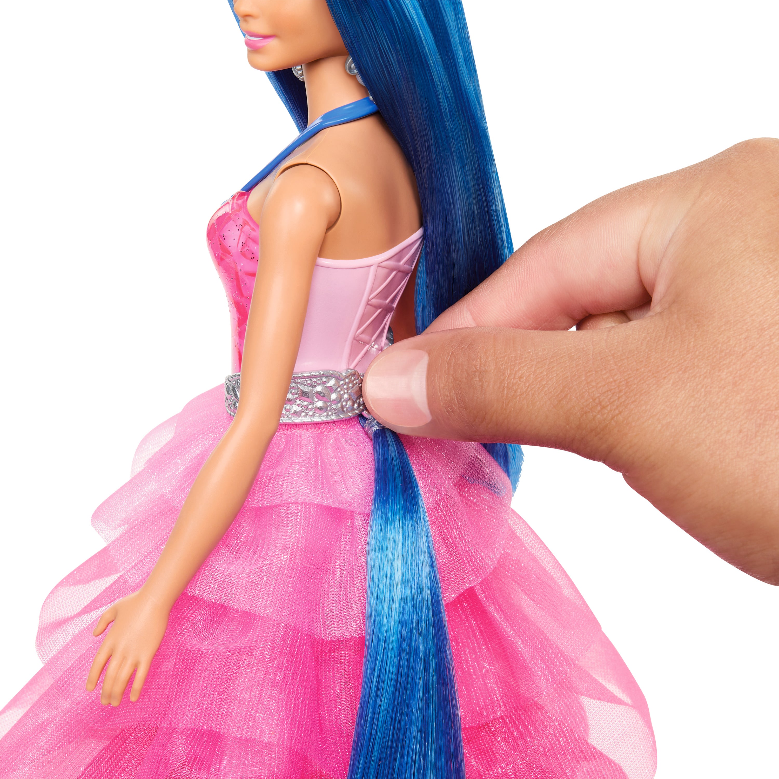 Barbie, 65. yıla özel, mavi saçlı, pembe elbiseli bebek ile hayvan dostu kanatlı tekboynuz