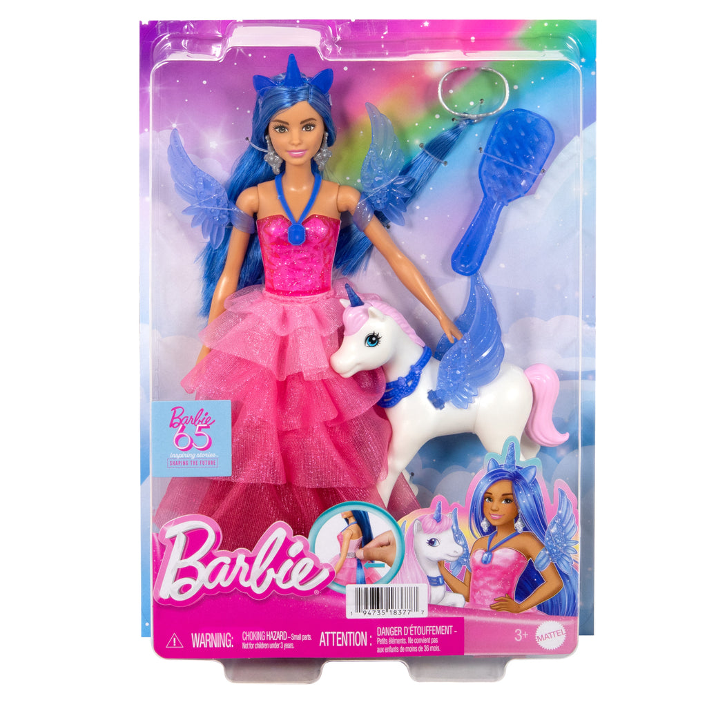 Barbie, 65. yıla özel, mavi saçlı, pembe elbiseli bebek ile hayvan dostu kanatlı tekboynuz