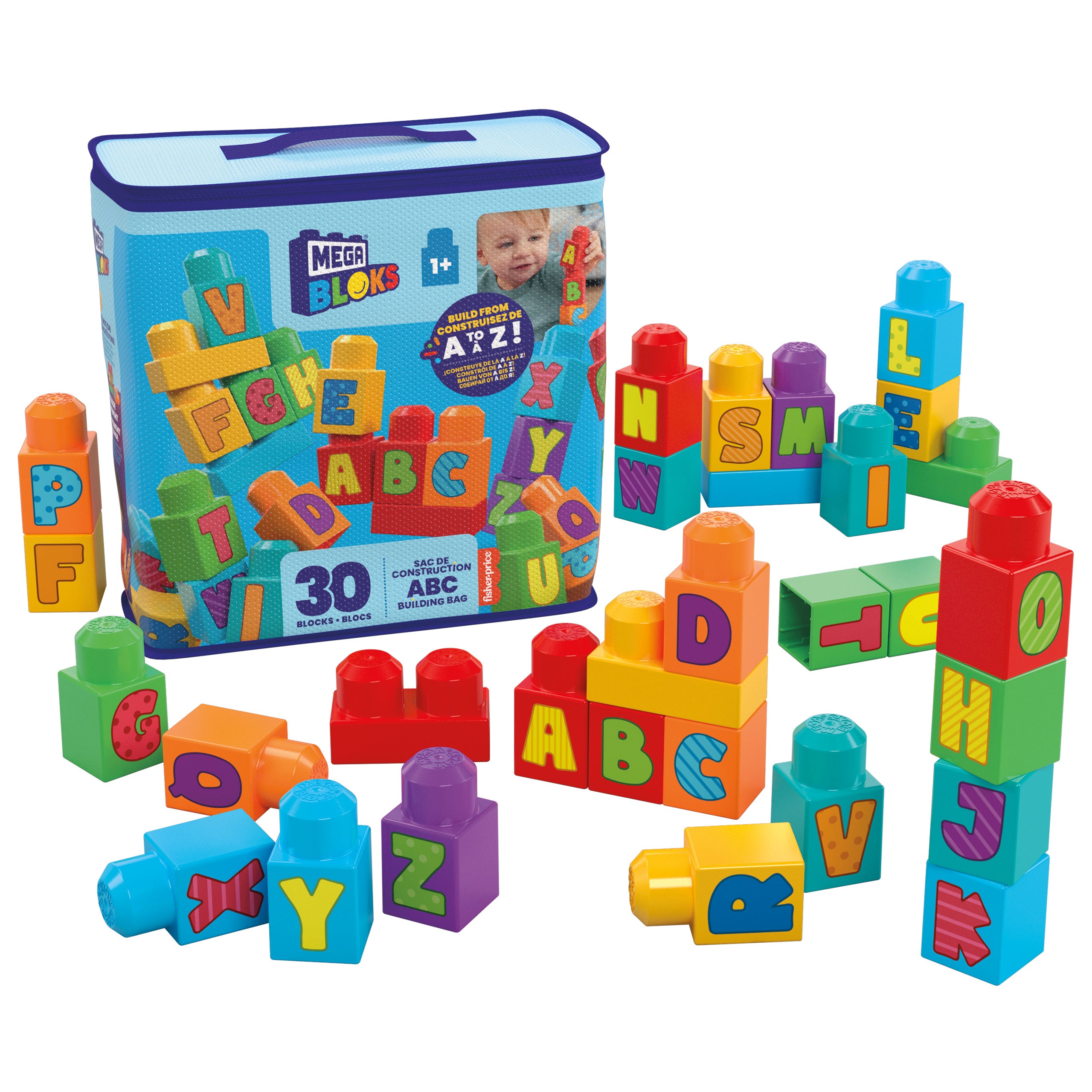 Çocuklar için MEGA BLOKS Fisher-Price Alfabeli Blok Çantası (30 parçalı) ve yeniden kullanılabilen saklama çantası