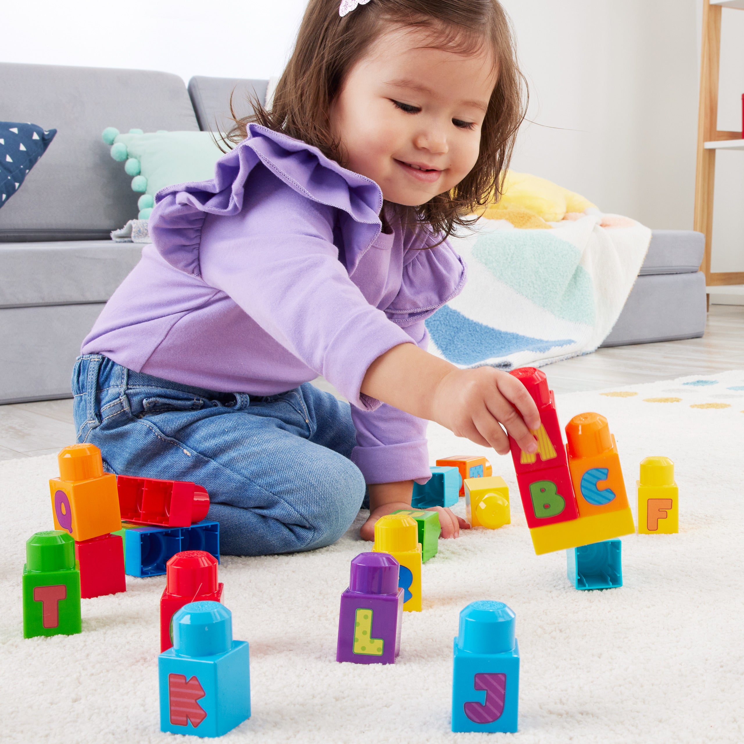Çocuklar için MEGA BLOKS Fisher-Price Alfabeli Blok Çantası (30 parçalı) ve yeniden kullanılabilen saklama çantası