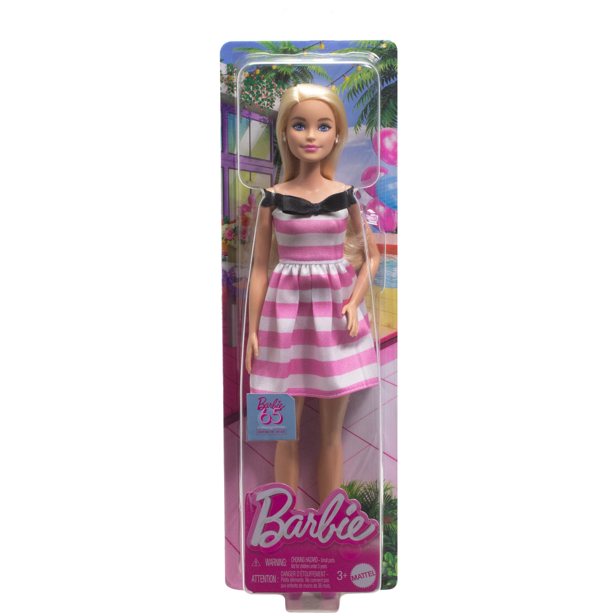 Barbie'nin 65. Yıl Dönümü Bebek ve aksesuarlar, sarı saçlı bebek ve pembe çizgili elbise