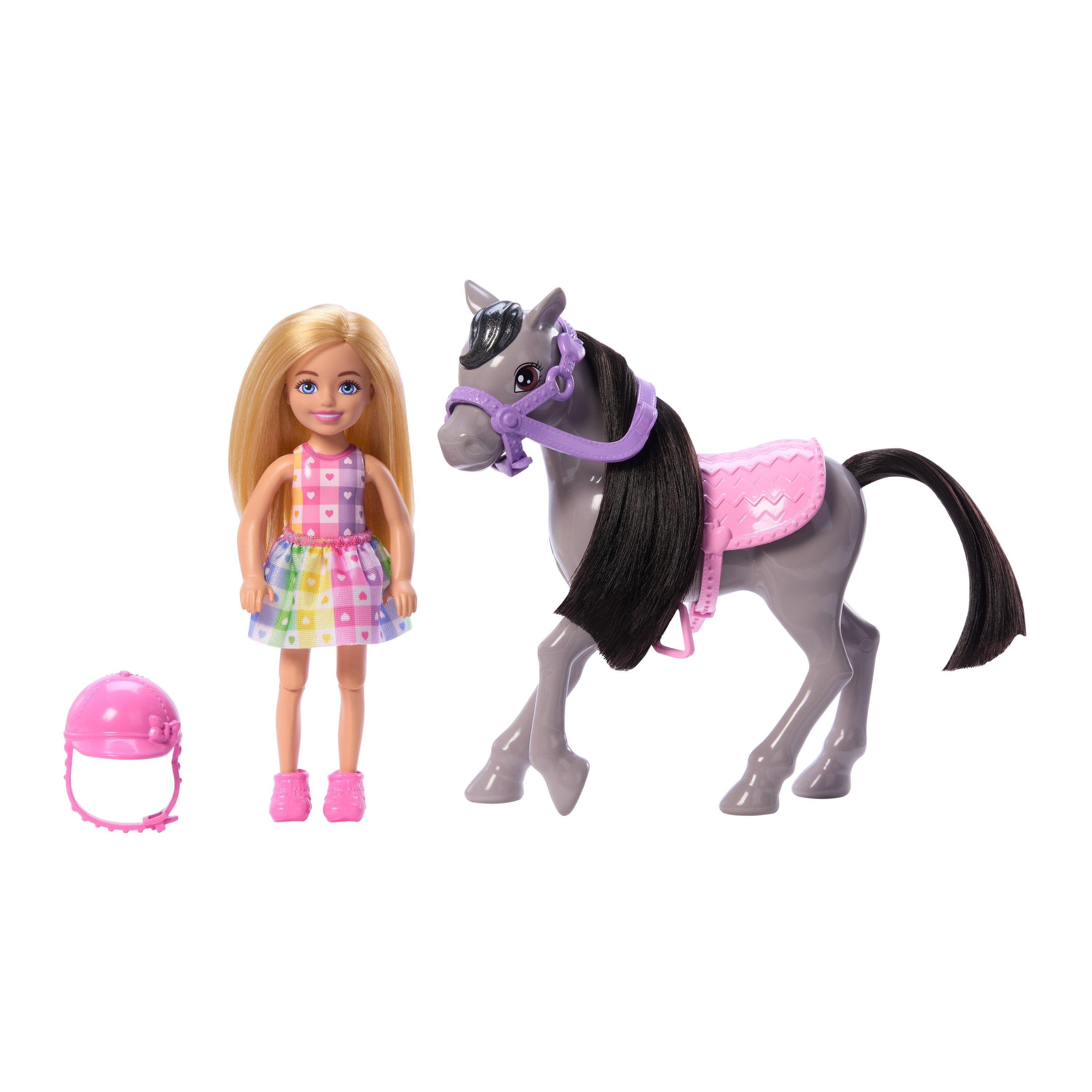 Barbie Chelsea bebek ve oyuncak at seti, kask aksesuarı dahildir, bebeğin dizleri midilliye binmek için bükülebilir