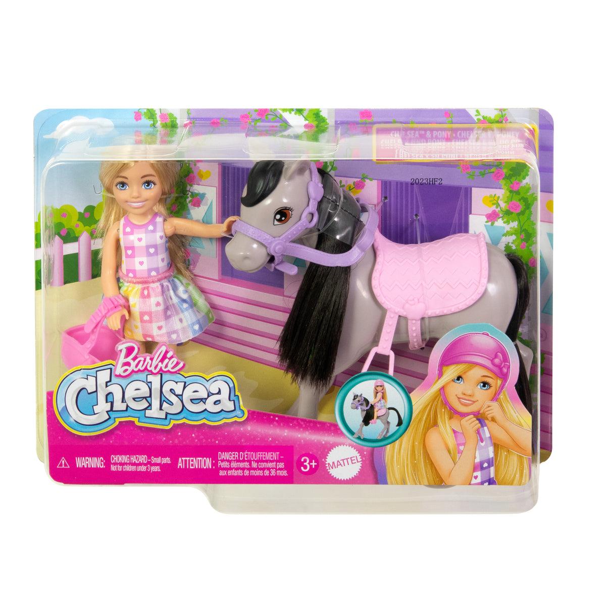 Barbie Chelsea bebek ve oyuncak at seti, kask aksesuarı dahildir, bebeğin dizleri midilliye binmek için bükülebilir