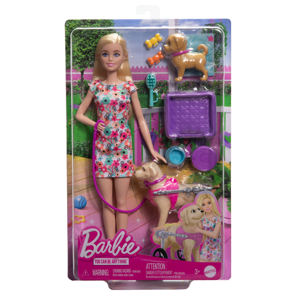 Barbie bebek, yavru köpek figürü, yürüteçli köpek figürü ve evcil hayvan aksesuarları