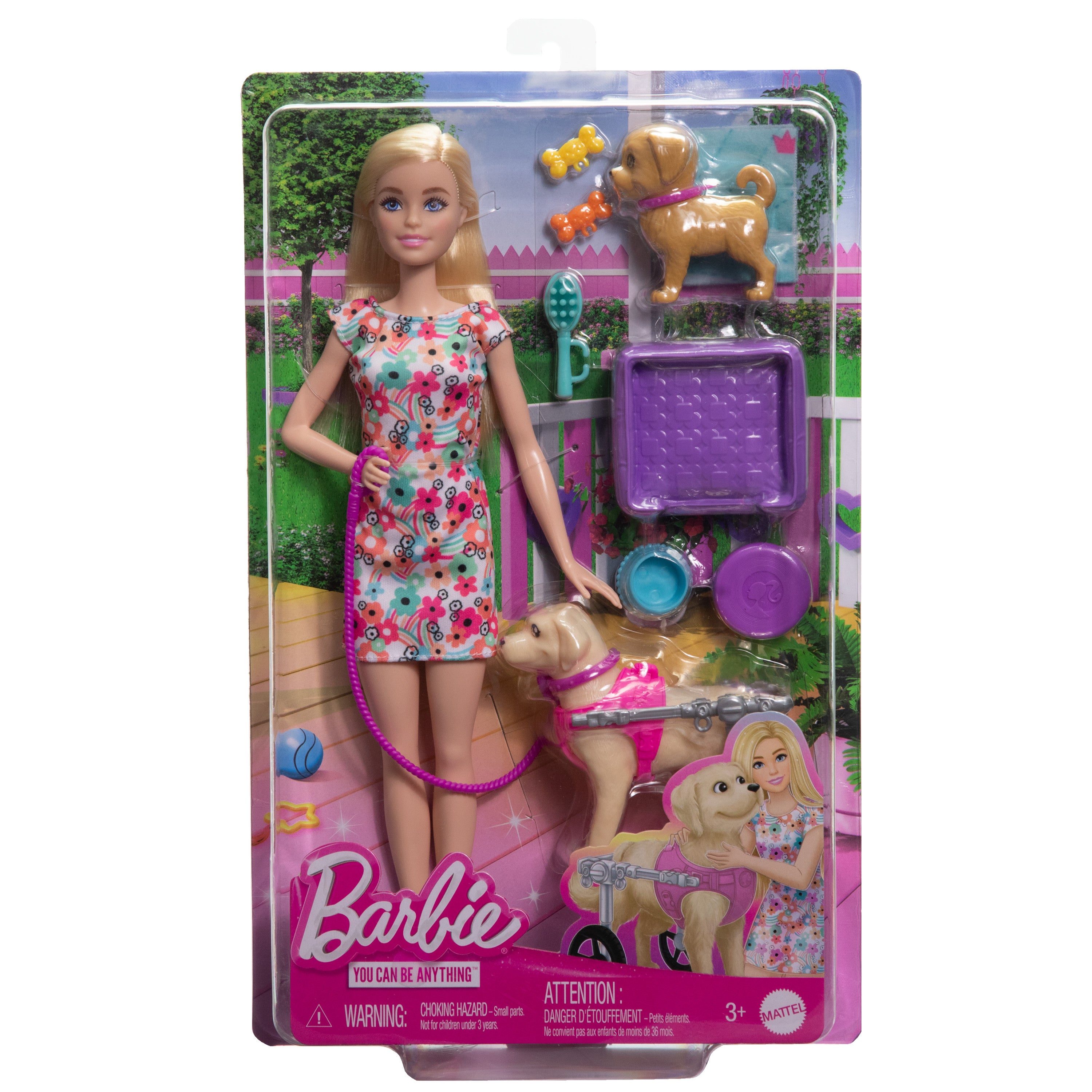 Barbie bebek, yavru köpek figürü, yürüteçli köpek figürü ve evcil hayvan aksesuarları
