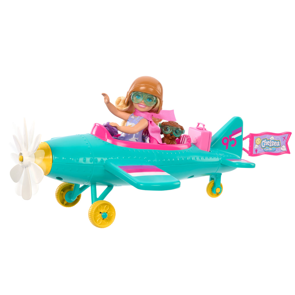 Barbie Chelsea Meslekleri Öğreniyor Bebek ve Uçak Oyun Seti, dönen pervaneli ve iki koltuklu uçak, 7 aksesuar