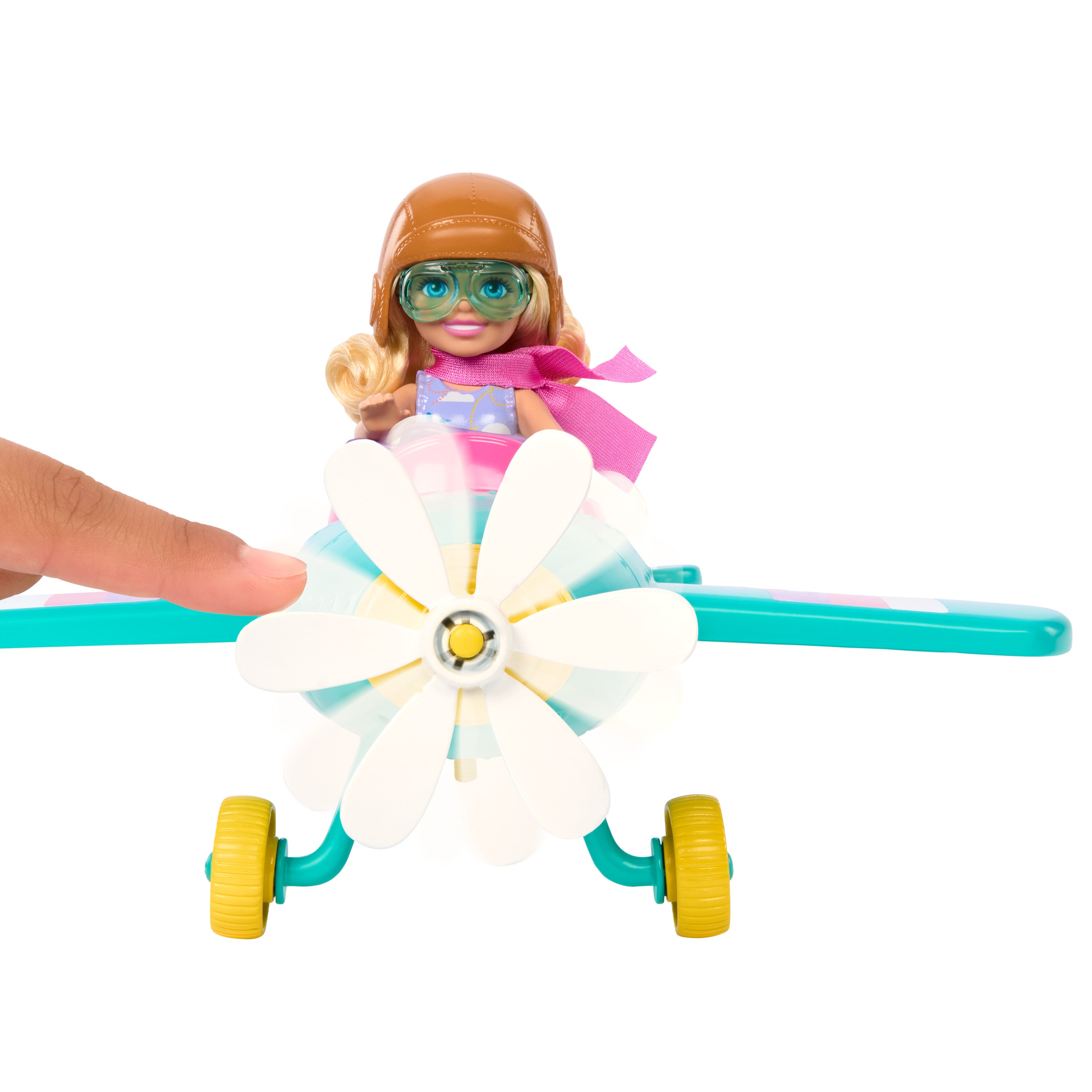 Barbie Chelsea Meslekleri Öğreniyor Bebek ve Uçak Oyun Seti, dönen pervaneli ve iki koltuklu uçak, 7 aksesuar
