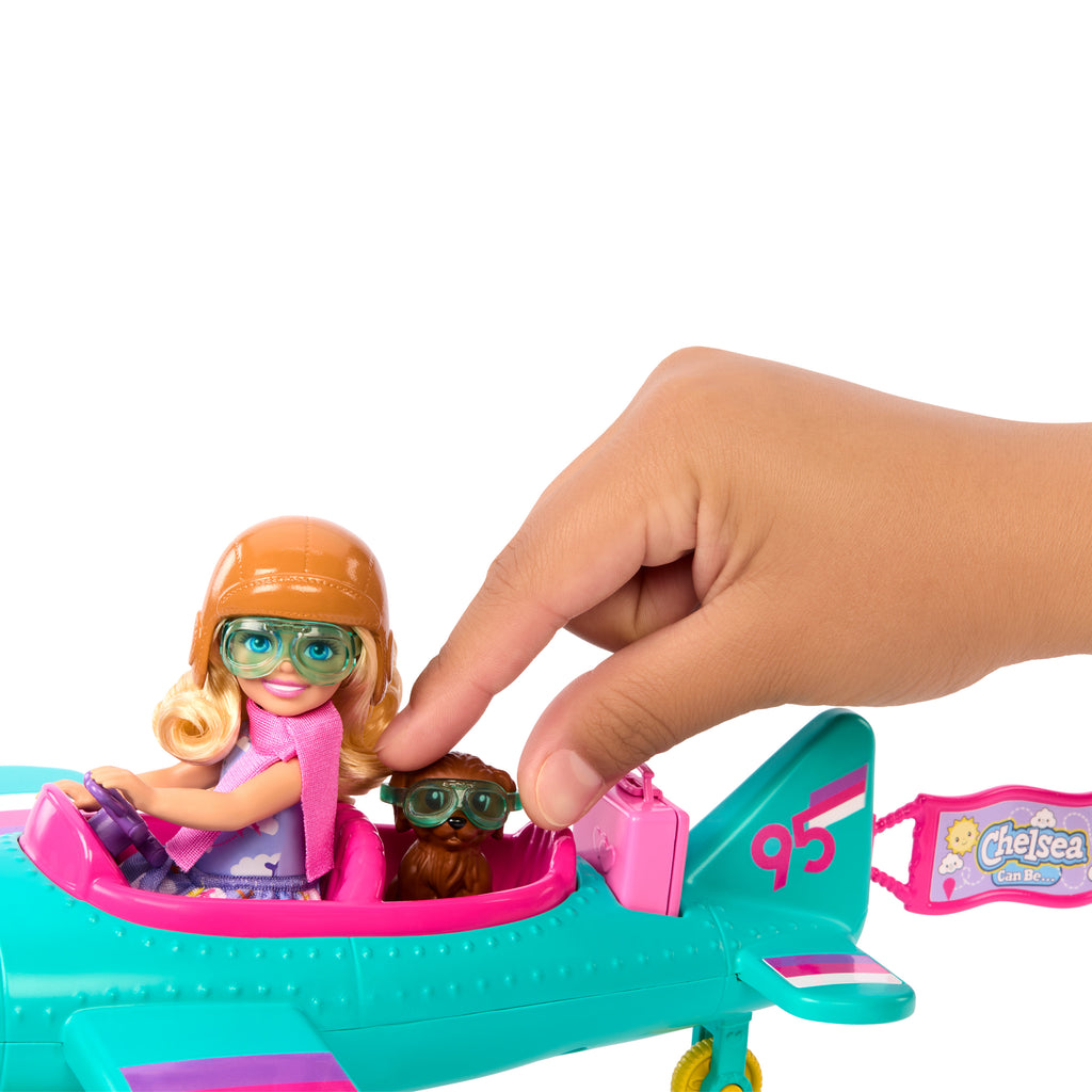 Barbie Chelsea Meslekleri Öğreniyor Bebek ve Uçak Oyun Seti, dönen pervaneli ve iki koltuklu uçak, 7 aksesuar