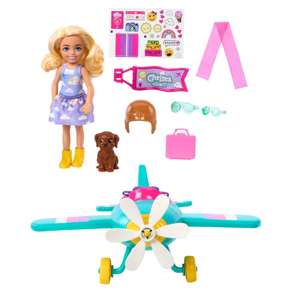 Barbie Chelsea Meslekleri Öğreniyor Bebek ve Uçak Oyun Seti, dönen pervaneli ve iki koltuklu uçak, 7 aksesuar