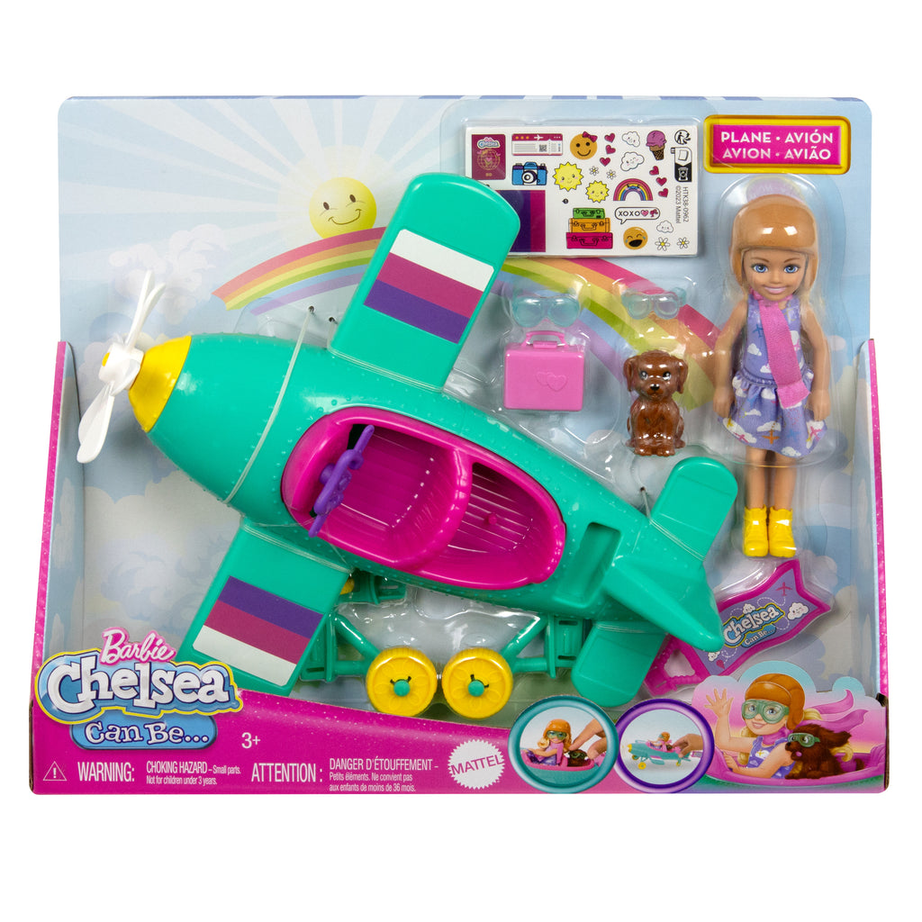 Barbie Chelsea Meslekleri Öğreniyor Bebek ve Uçak Oyun Seti, dönen pervaneli ve iki koltuklu uçak, 7 aksesuar