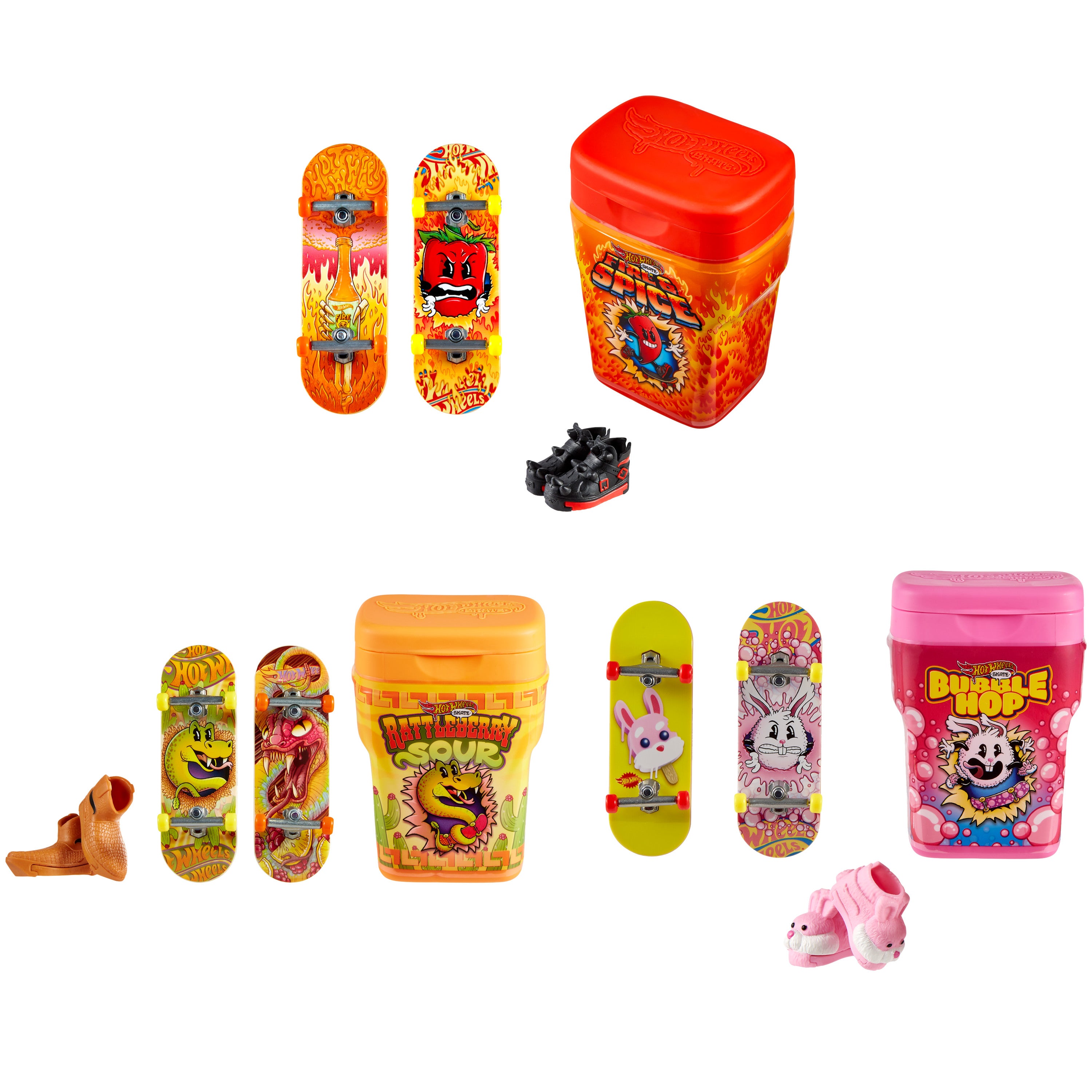 Saklama kutusunda 2 adet özel parmak kaykayı ve 1 çift çıkarılabilir kaykay ayakkabısı bulunan Hot Wheels Skate Aromalı Kutu
