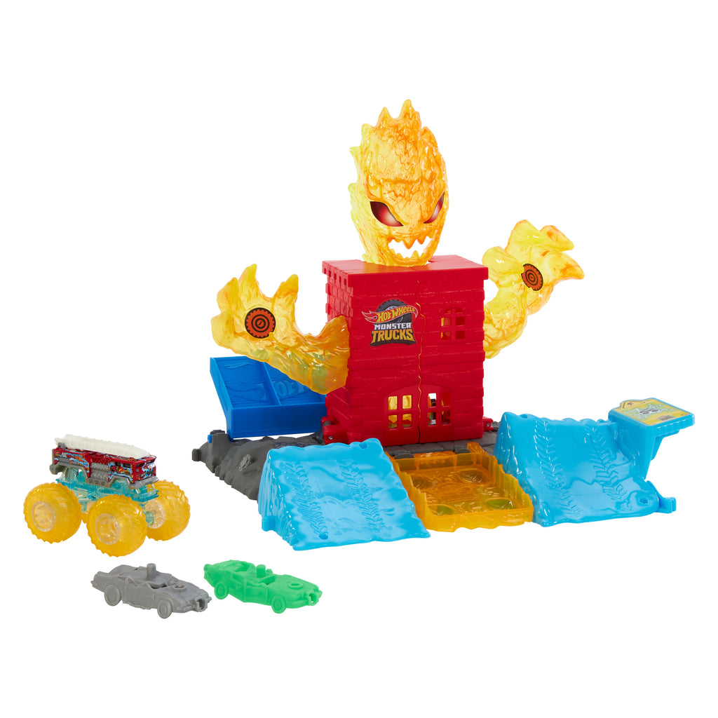 Hot Wheels Monster Trucks Power Smashers 5-Alarm Alevden Kuleyle Mücadele oyun seti, 1:64 ölçekli oyuncak kamyon ve 2 ezilmiş araba