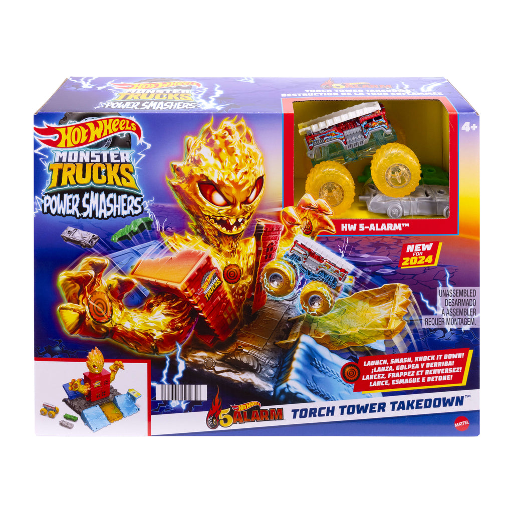 Hot Wheels Monster Trucks Power Smashers 5-Alarm Alevden Kuleyle Mücadele oyun seti, 1:64 ölçekli oyuncak kamyon ve 2 ezilmiş araba