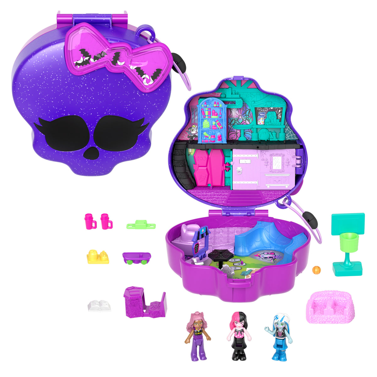 3 mikro bebek ve 10 aksesuar bulunan, açıldığında liseye dönüşen Polly Pocket Monster High Kompakt Oyun Seti