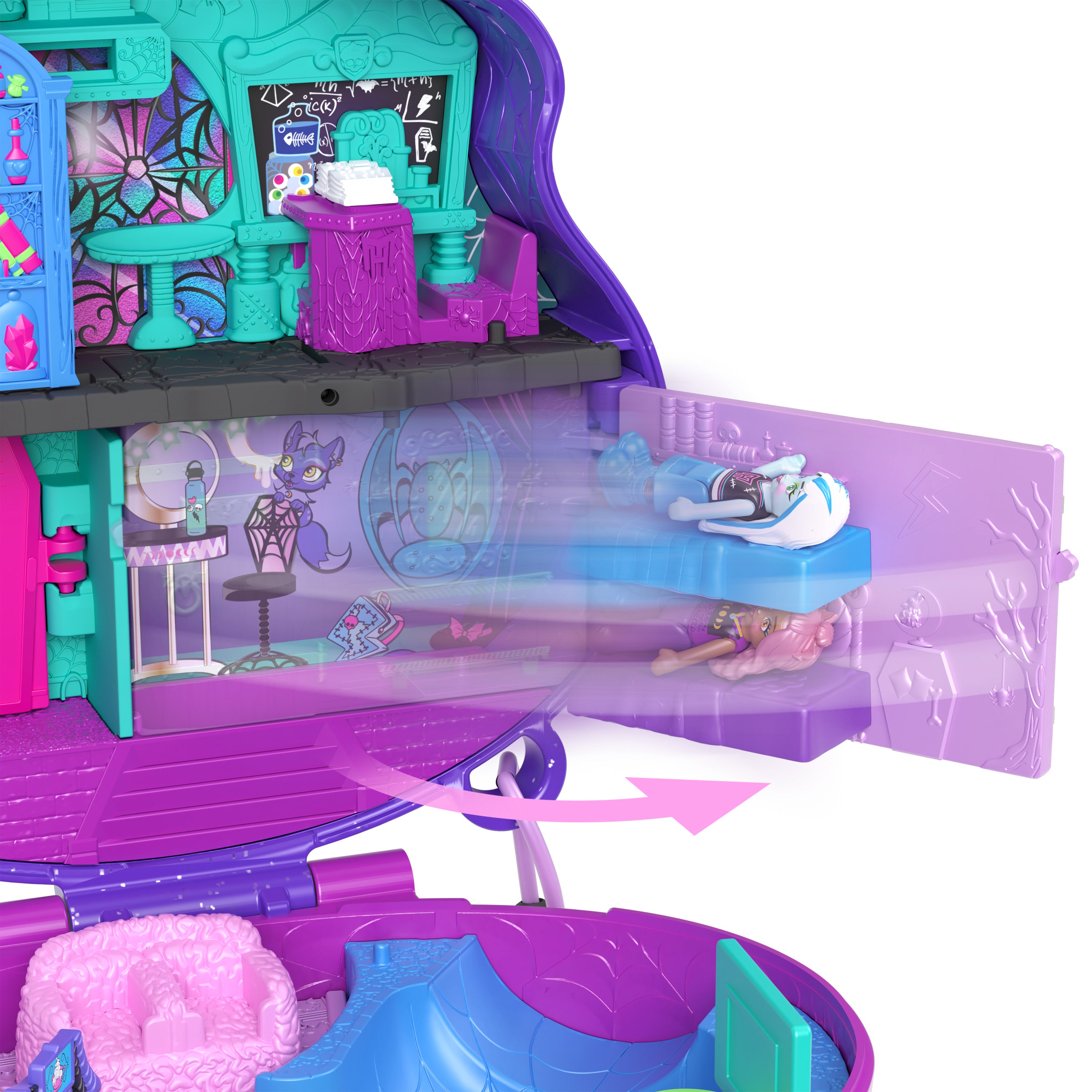 3 mikro bebek ve 10 aksesuar bulunan, açıldığında liseye dönüşen Polly Pocket Monster High Kompakt Oyun Seti