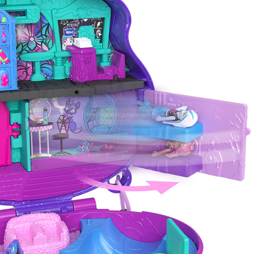 3 mikro bebek ve 10 aksesuar bulunan, açıldığında liseye dönüşen Polly Pocket Monster High Kompakt Oyun Seti