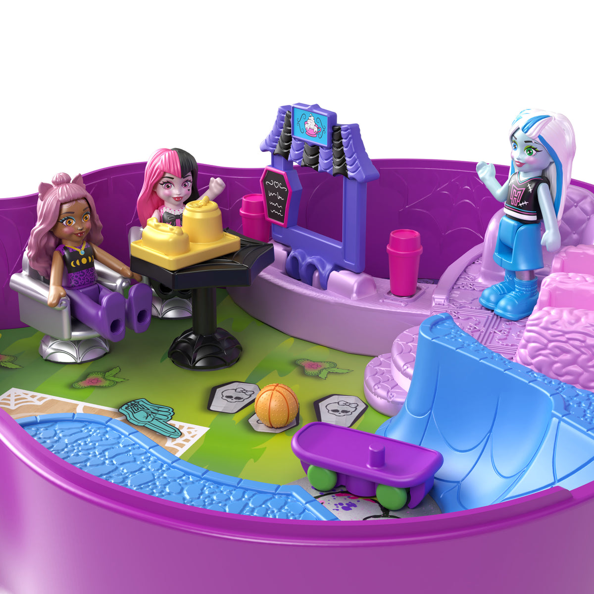 3 mikro bebek ve 10 aksesuar bulunan, açıldığında liseye dönüşen Polly Pocket Monster High Kompakt Oyun Seti