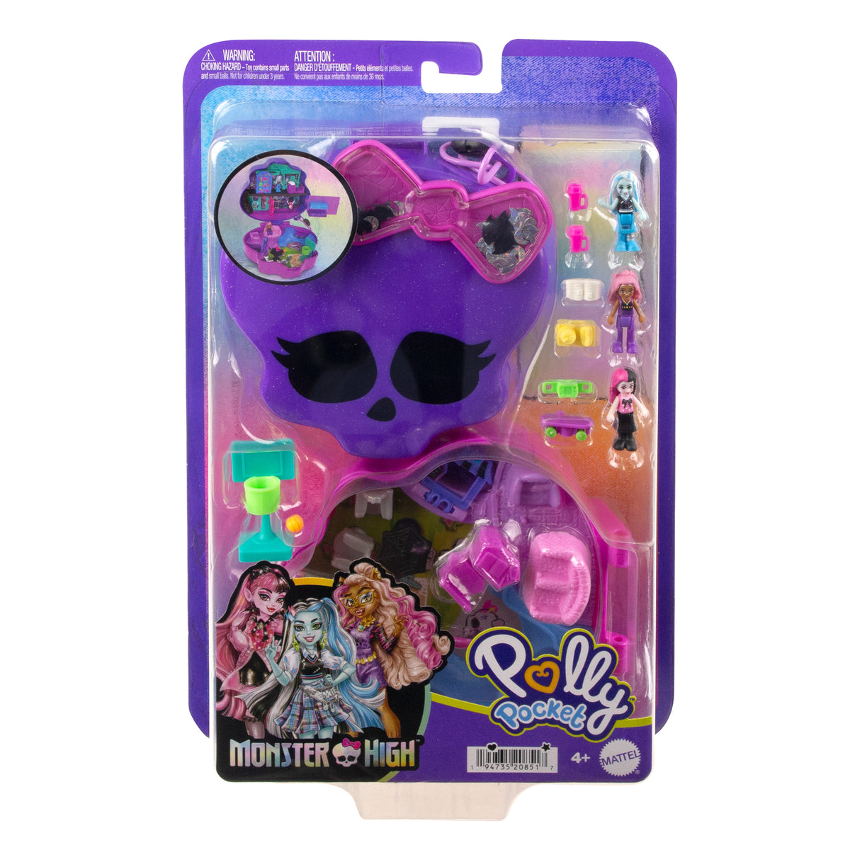 3 mikro bebek ve 10 aksesuar bulunan, açıldığında liseye dönüşen Polly Pocket Monster High Kompakt Oyun Seti
