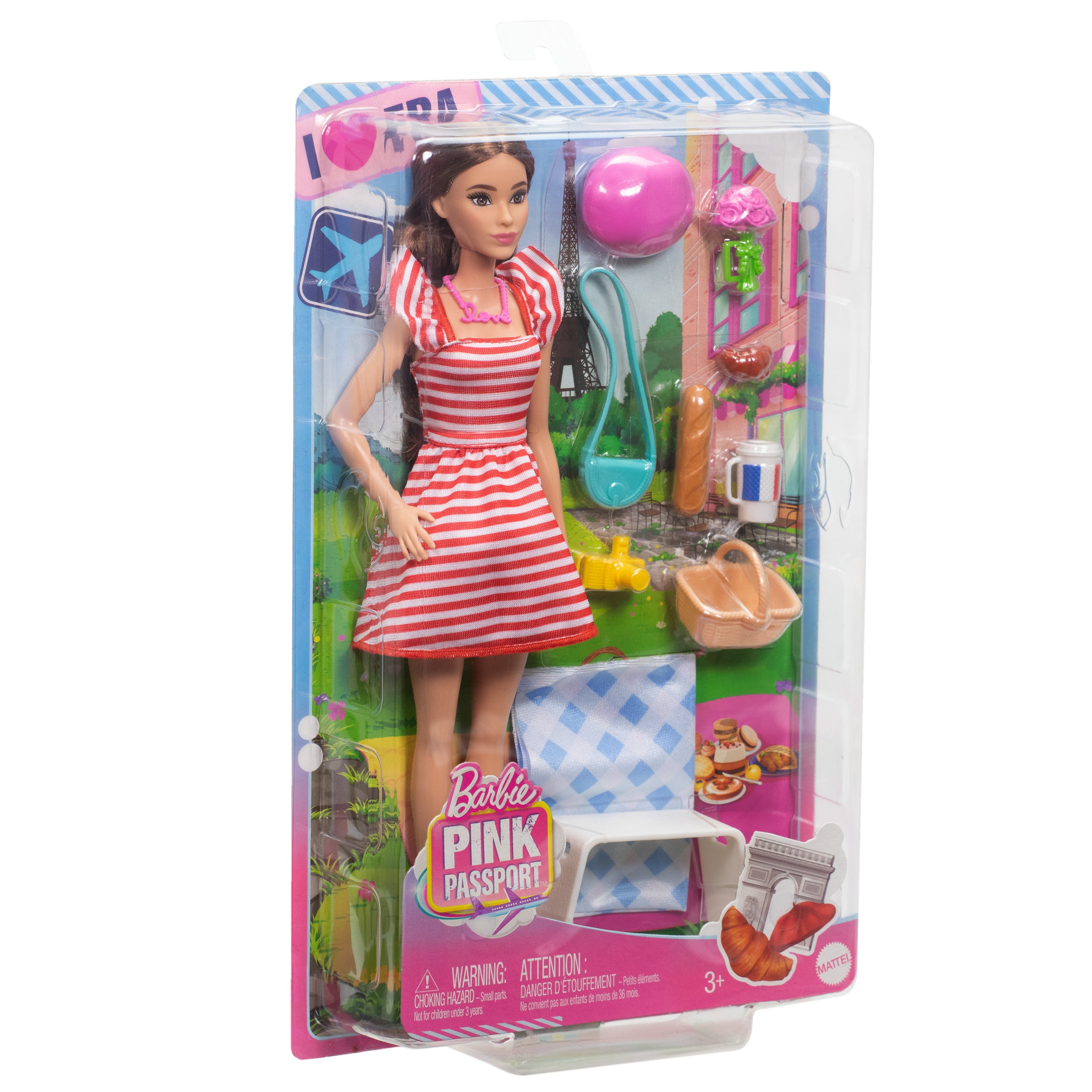 Barbie Dünyayı Geziyoruz Paris Macerası bebek seti, kıyafeti ve piknik aksesuarlarıyla kahverengi saçlı bebek
