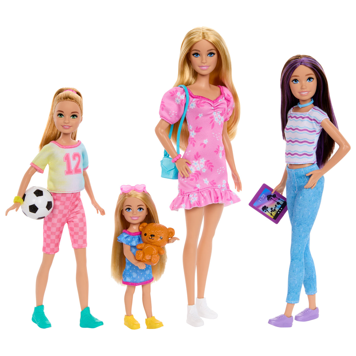 Kıyafetleri ve aksesuarlarıyla Barbie, Skipper, Stacie ve Chelsea'nin yer aldığı Barbie ve kız kardeşleri bebek seti