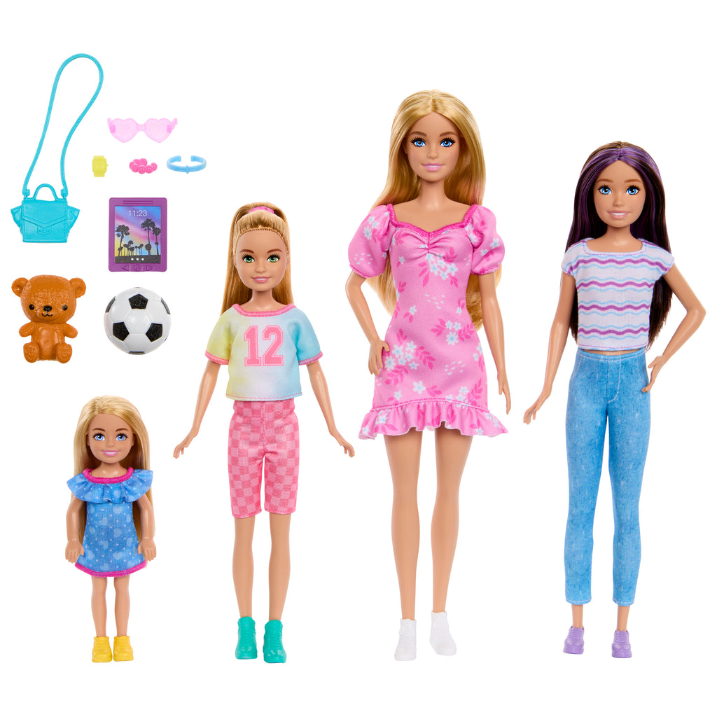 Kıyafetleri ve aksesuarlarıyla Barbie, Skipper, Stacie ve Chelsea'nin yer aldığı Barbie ve kız kardeşleri bebek seti