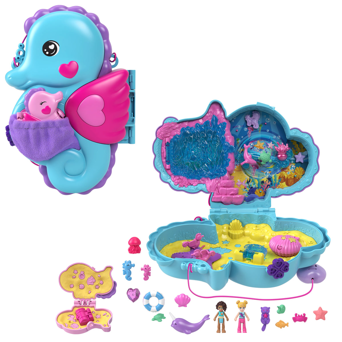 Polly Pocket Babam ve Ben denizatı çanta, 2 mikro bebek, evcil hayvanlar ve 13 aksesuar, 2'si 1 arada çanta ve oyuncak ile Shani