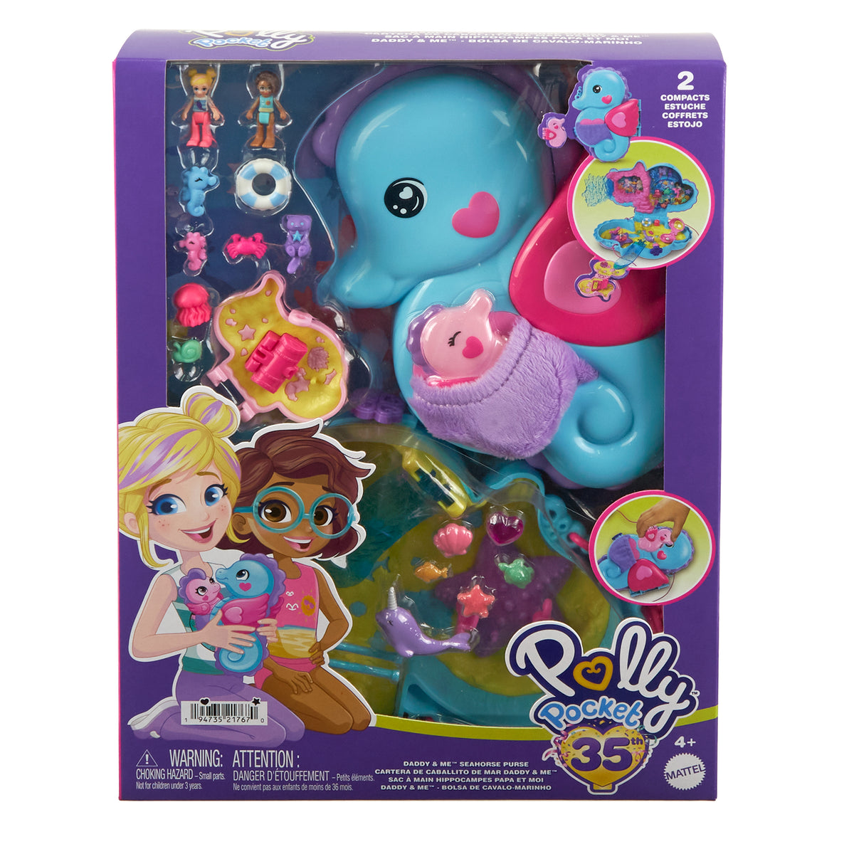 Polly Pocket Babam ve Ben denizatı çanta, 2 mikro bebek, evcil hayvanlar ve 13 aksesuar, 2'si 1 arada çanta ve oyuncak ile Shani