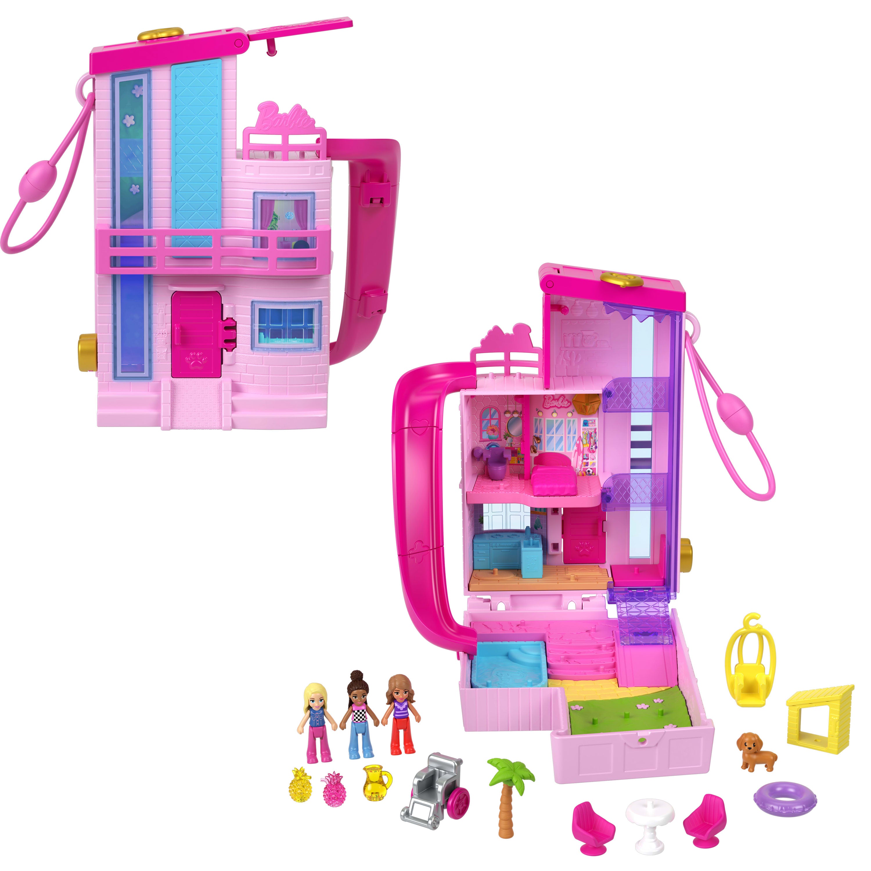Polly Pocket Barbie Rüya Evi mini bebek evi ve oyun seti, 3 mikro bebek, 1 evcil hayvan figürü ve 11 aksesuar