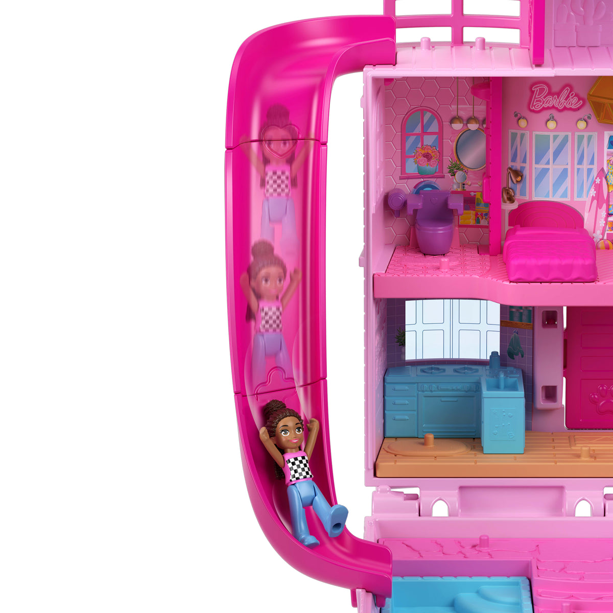 Polly Pocket Barbie Rüya Evi mini bebek evi ve oyun seti, 3 mikro bebek, 1 evcil hayvan figürü ve 11 aksesuar