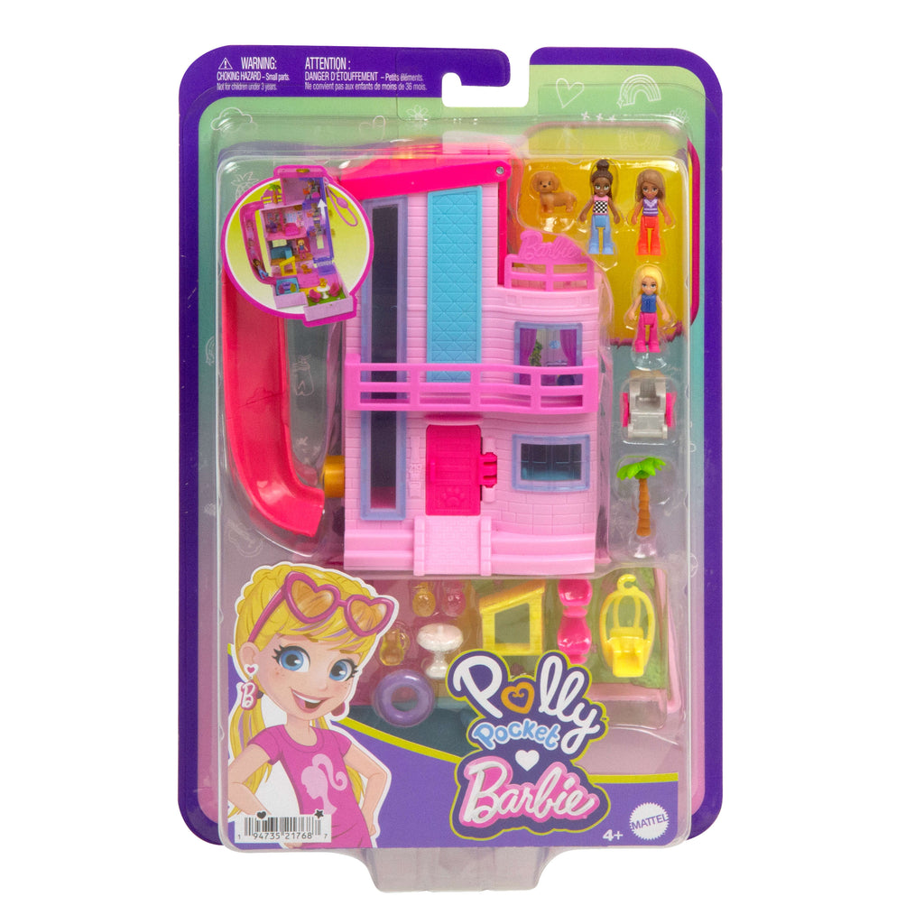 Polly Pocket Barbie Rüya Evi mini bebek evi ve oyun seti, 3 mikro bebek, 1 evcil hayvan figürü ve 11 aksesuar