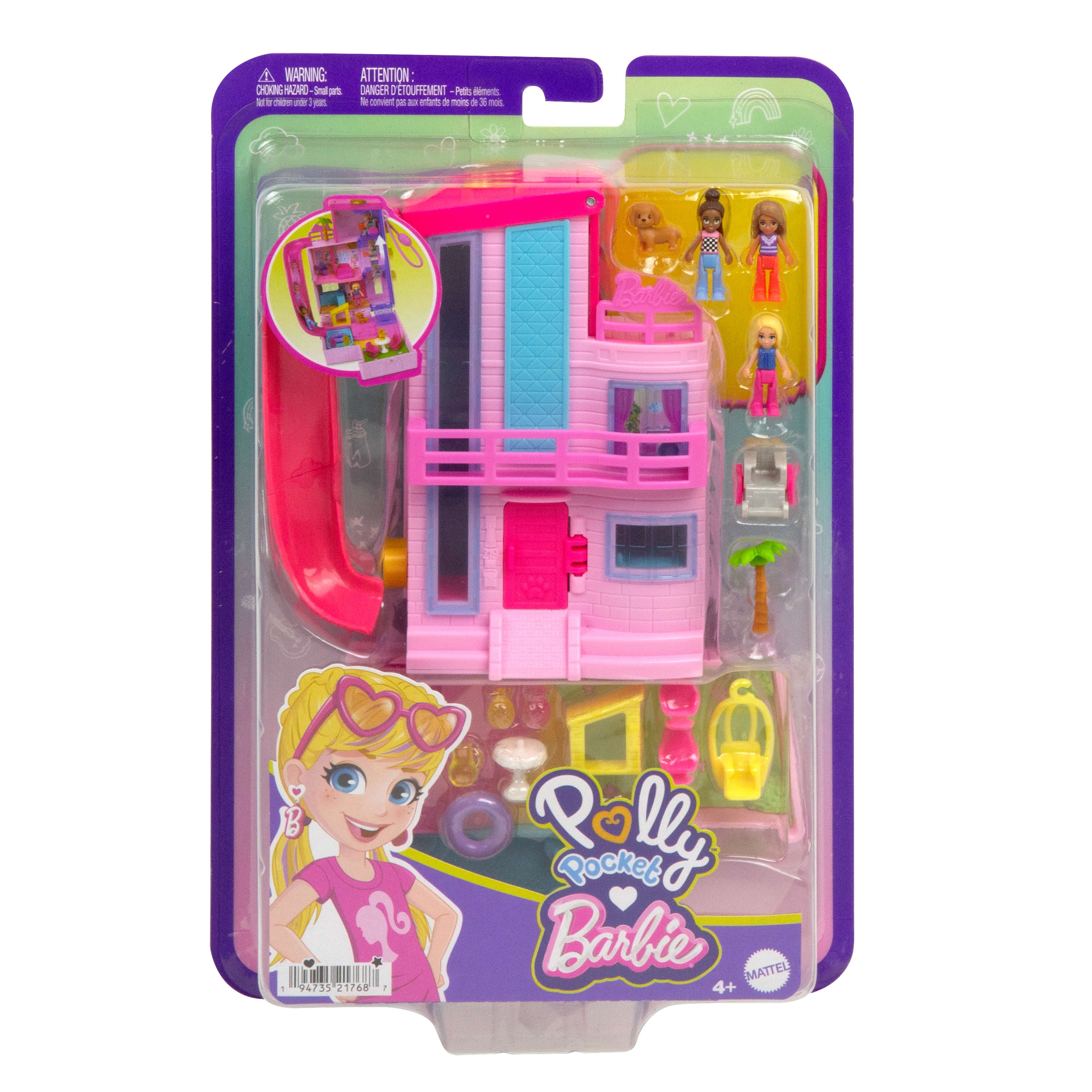 Polly Pocket Barbie Rüya Evi mini bebek evi ve oyun seti, 3 mikro bebek, 1 evcil hayvan figürü ve 11 aksesuar