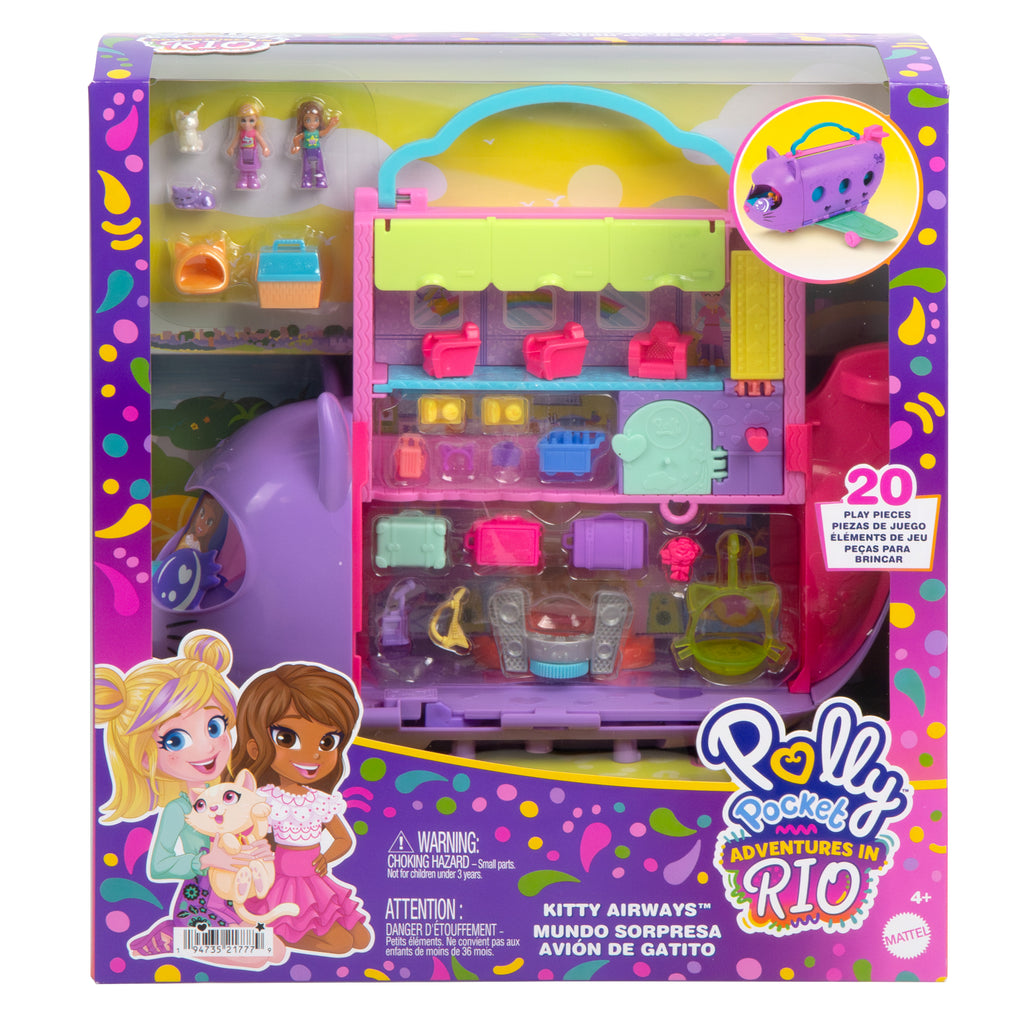 Polly Pocket Adventures in Rio Uçak Oyun Seti, 2 mikro bebek ve evcil hayvan, aksesuarlar, seyahat oyuncağı uçak
