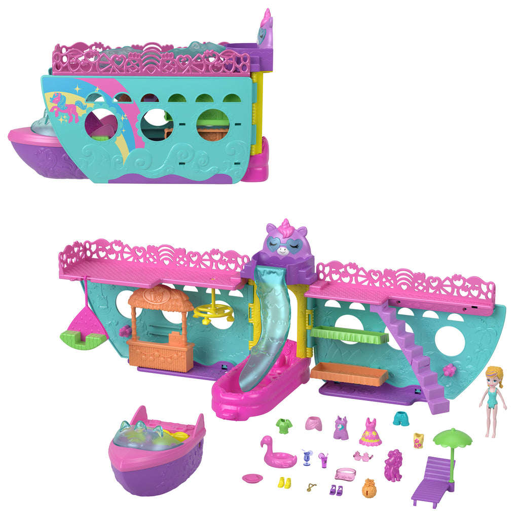 Polly Pocket™ UNICORN DREAM CRUISE™ Oyun Seti, su oyunlarına ilham veren ve renk değiştiren aksesuarlar ve 1 bebek dahil 23 parça içeren taşınabilir gemi