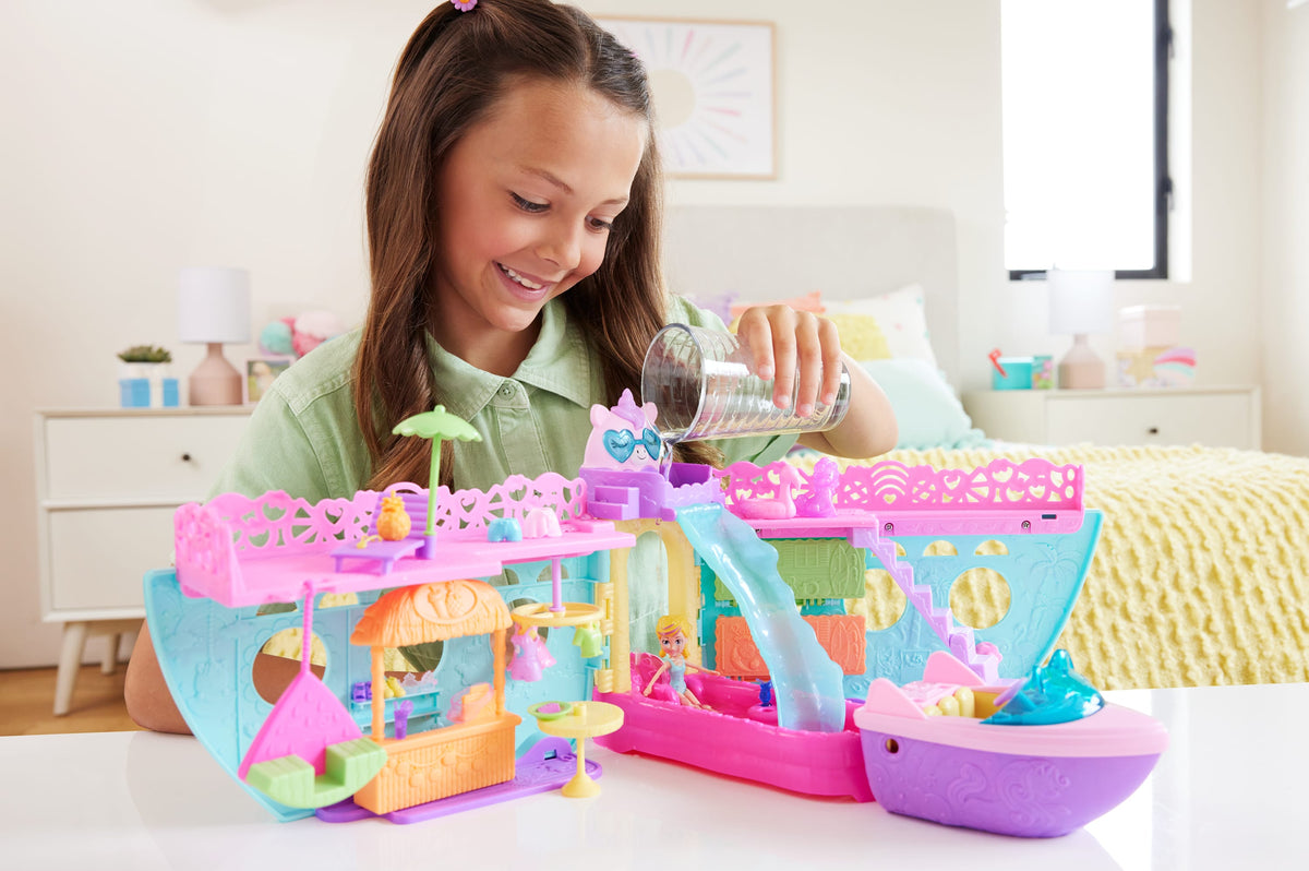 Polly Pocket™ UNICORN DREAM CRUISE™ Oyun Seti, su oyunlarına ilham veren ve renk değiştiren aksesuarlar ve 1 bebek dahil 23 parça içeren taşınabilir gemi