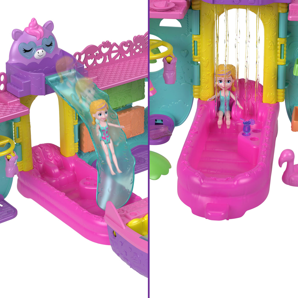 Polly Pocket™ UNICORN DREAM CRUISE™ Oyun Seti, su oyunlarına ilham veren ve renk değiştiren aksesuarlar ve 1 bebek dahil 23 parça içeren taşınabilir gemi