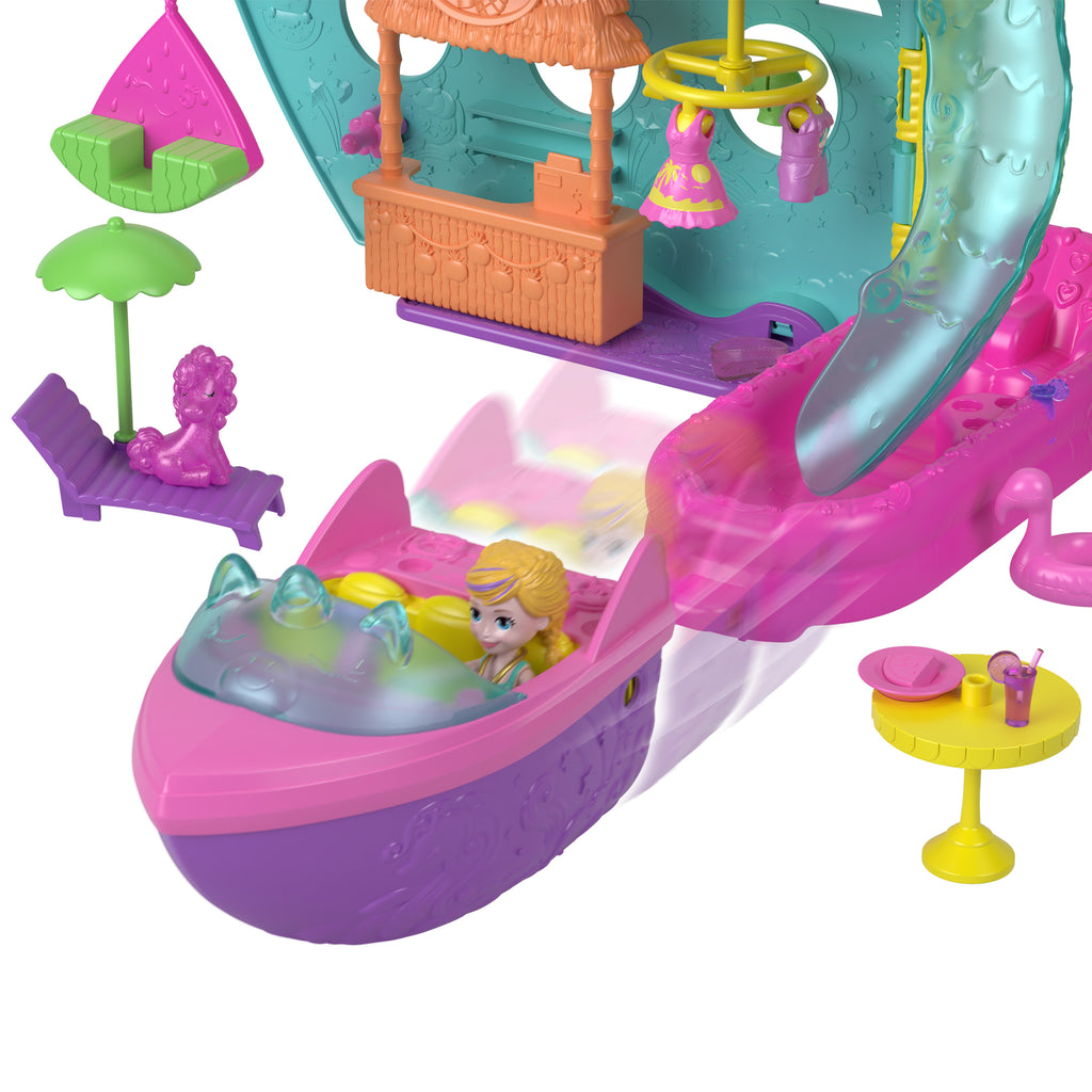 Polly Pocket™ UNICORN DREAM CRUISE™ Oyun Seti, su oyunlarına ilham veren ve renk değiştiren aksesuarlar ve 1 bebek dahil 23 parça içeren taşınabilir gemi