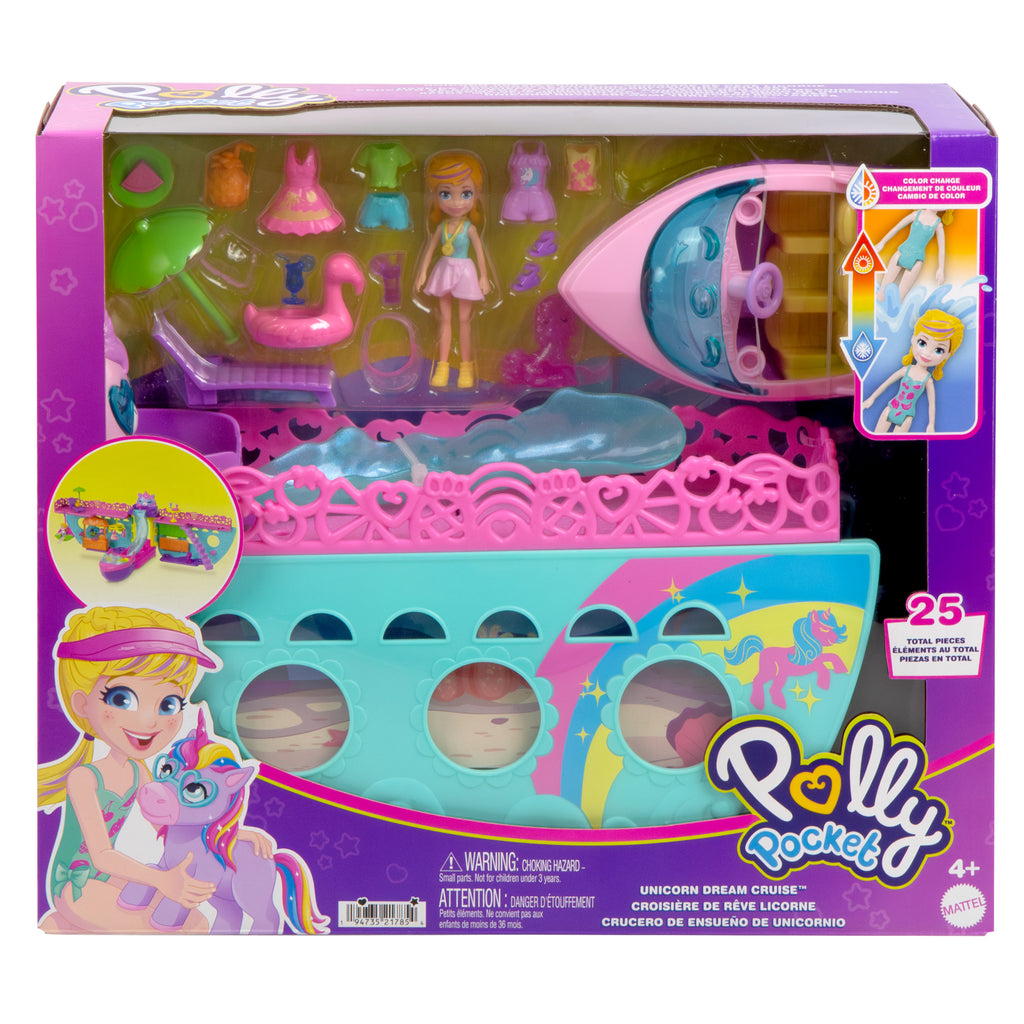Polly Pocket™ UNICORN DREAM CRUISE™ Oyun Seti, su oyunlarına ilham veren ve renk değiştiren aksesuarlar ve 1 bebek dahil 23 parça içeren taşınabilir gemi
