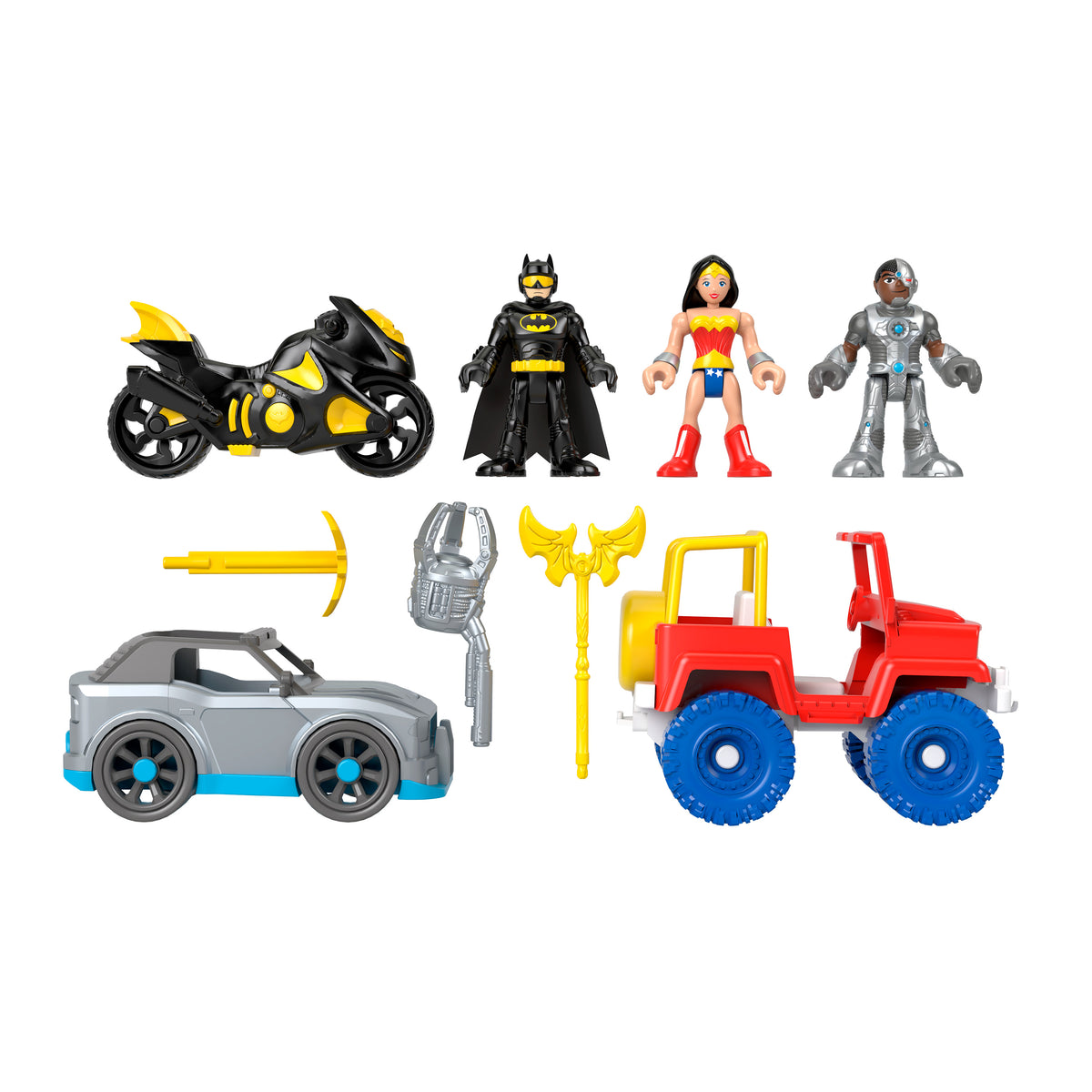 Wonder Woman ve Cyborg figürleriyle Imaginext DC Super Friends Batman hediye seti, okul öncesi çağdaki çocuklara yönelik 9 parçalı oyuncak