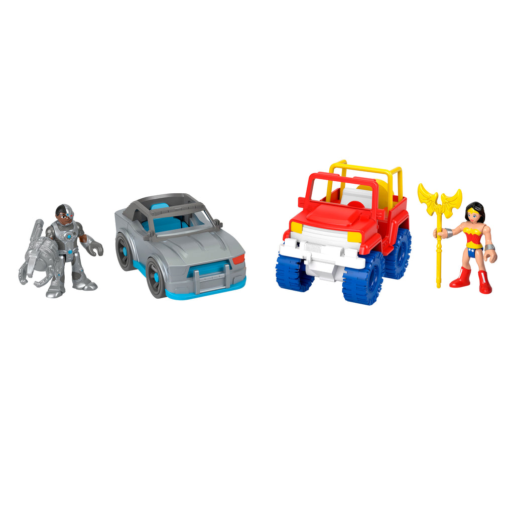Wonder Woman ve Cyborg figürleriyle Imaginext DC Super Friends Batman hediye seti, okul öncesi çağdaki çocuklara yönelik 9 parçalı oyuncak