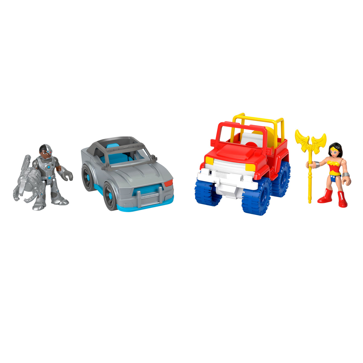 Wonder Woman ve Cyborg figürleriyle Imaginext DC Super Friends Batman hediye seti, okul öncesi çağdaki çocuklara yönelik 9 parçalı oyuncak