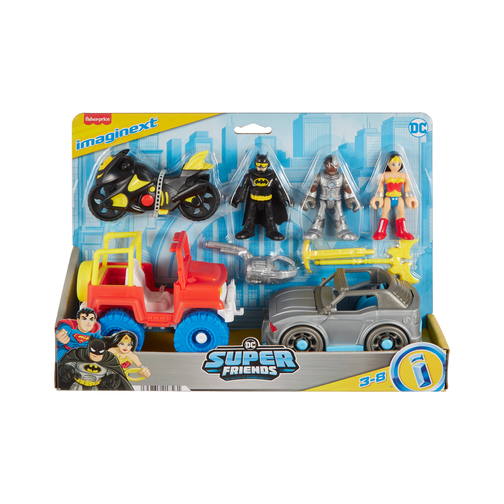 Wonder Woman ve Cyborg figürleriyle Imaginext DC Super Friends Batman hediye seti, okul öncesi çağdaki çocuklara yönelik 9 parçalı oyuncak