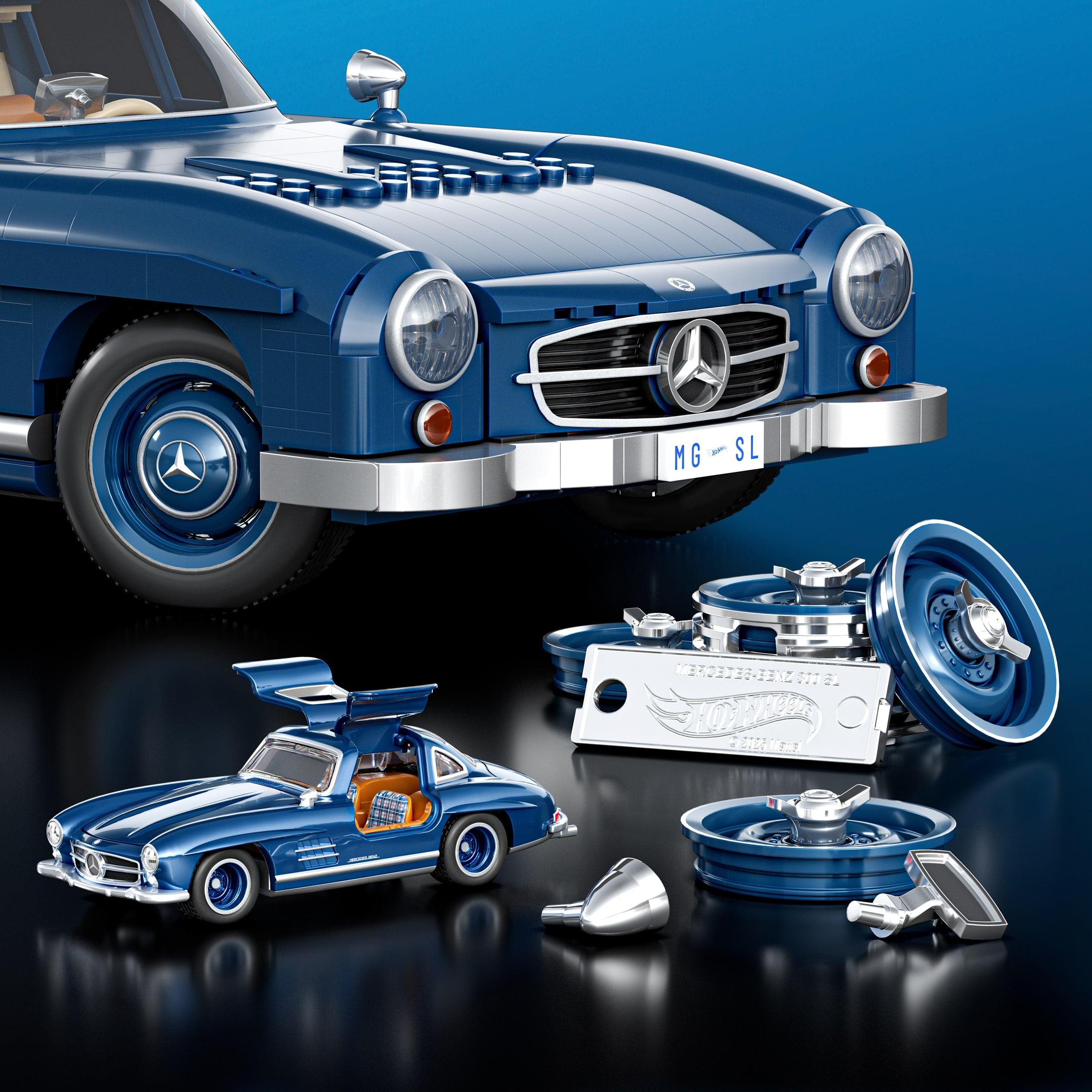 Koleksiyoncular için MEGA Hot Wheels Mercedes-Benz 300 SL yarış arabası yapı oyuncağı (1500 parça)