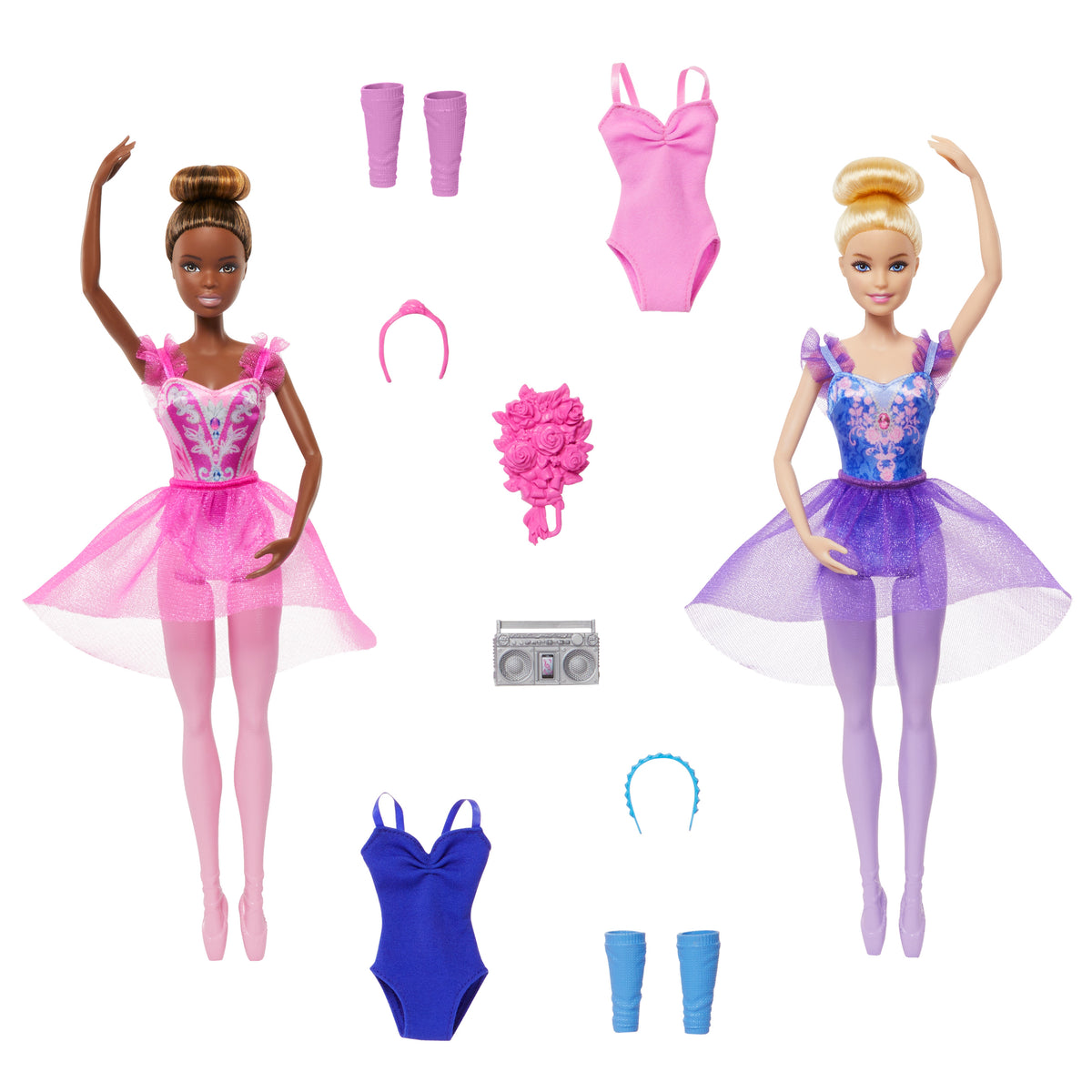 2 balerin bebek, yedek kıyafet ve dans aksesuarları içeren Barbie Bale Odası seti