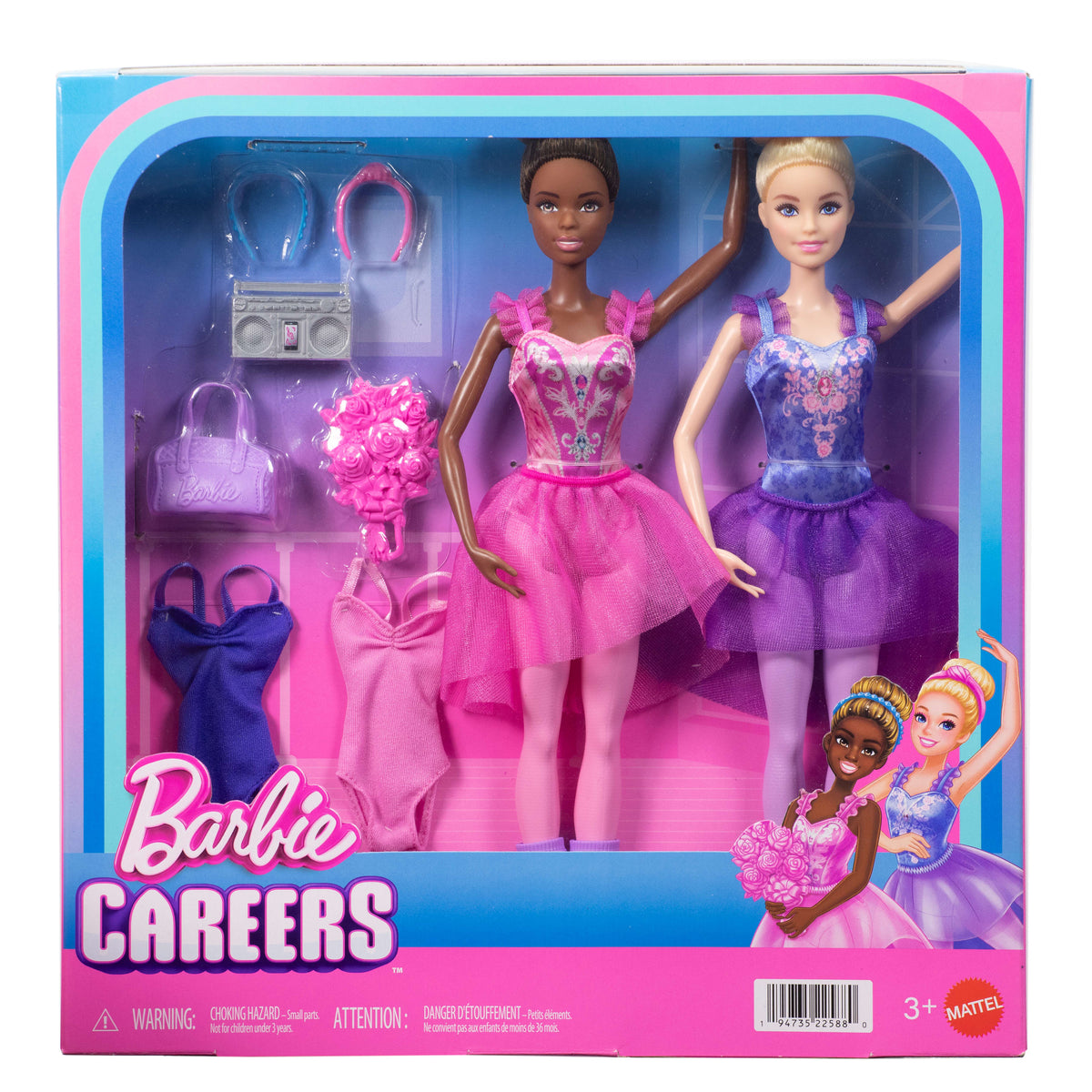 2 balerin bebek, yedek kıyafet ve dans aksesuarları içeren Barbie Bale Odası seti