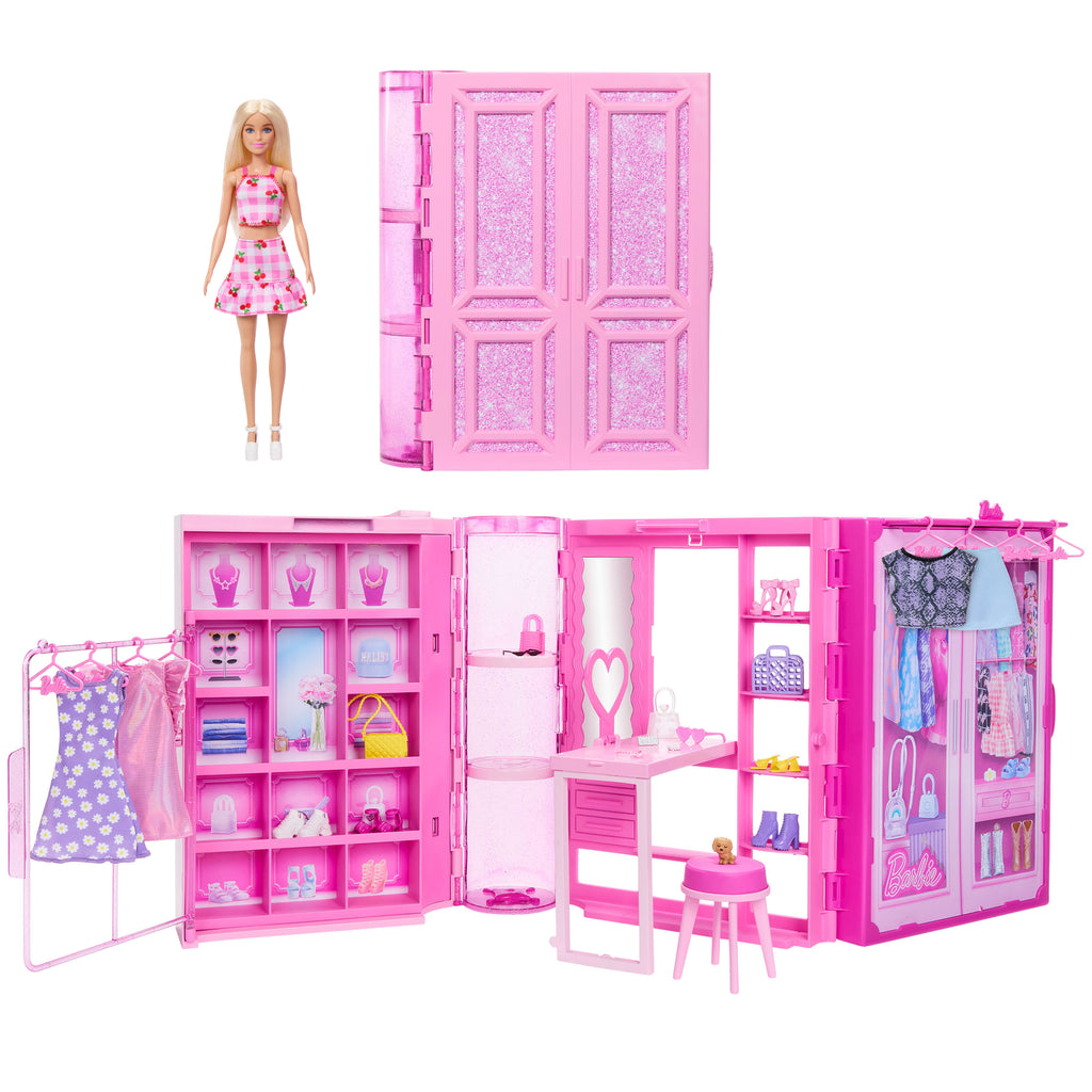 Bebek, kıyafetler, aksesuarlar ve 25'ten fazla parçayla 90 cm genişliğindeki Barbie'nin Rüya Gardrobu ve Bebek