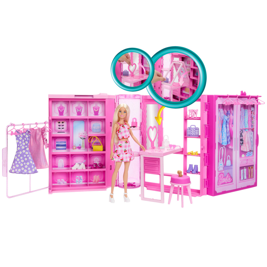 Bebek, kıyafetler, aksesuarlar ve 25'ten fazla parçayla 90 cm genişliğindeki Barbie'nin Rüya Gardrobu ve Bebek