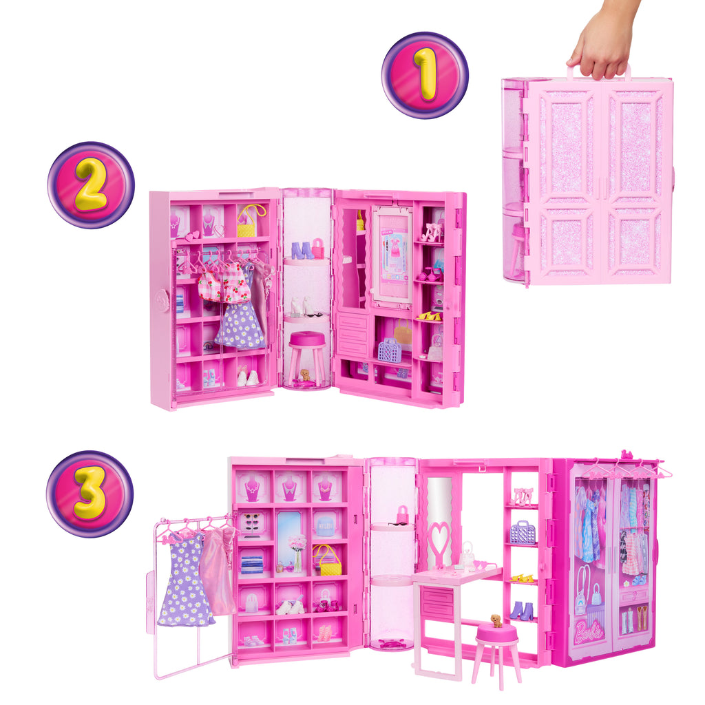 Bebek, kıyafetler, aksesuarlar ve 25'ten fazla parçayla 90 cm genişliğindeki Barbie'nin Rüya Gardrobu ve Bebek