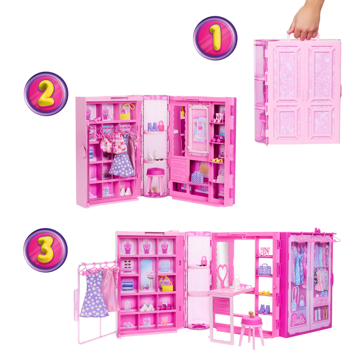 Bebek, kıyafetler, aksesuarlar ve 25'ten fazla parçayla 90 cm genişliğindeki Barbie'nin Rüya Gardrobu ve Bebek